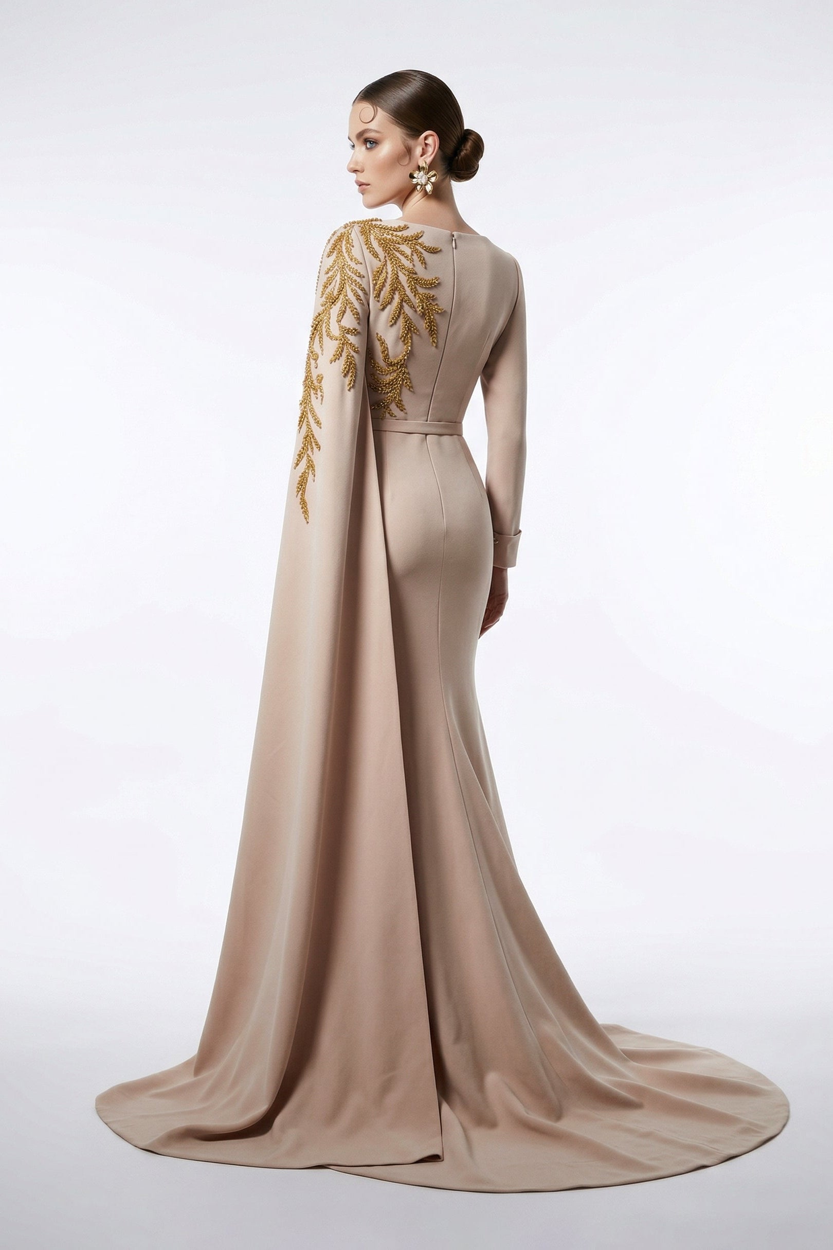 Fouad Sarkis F03027A Green Mermaid Gown Embroidered Cape