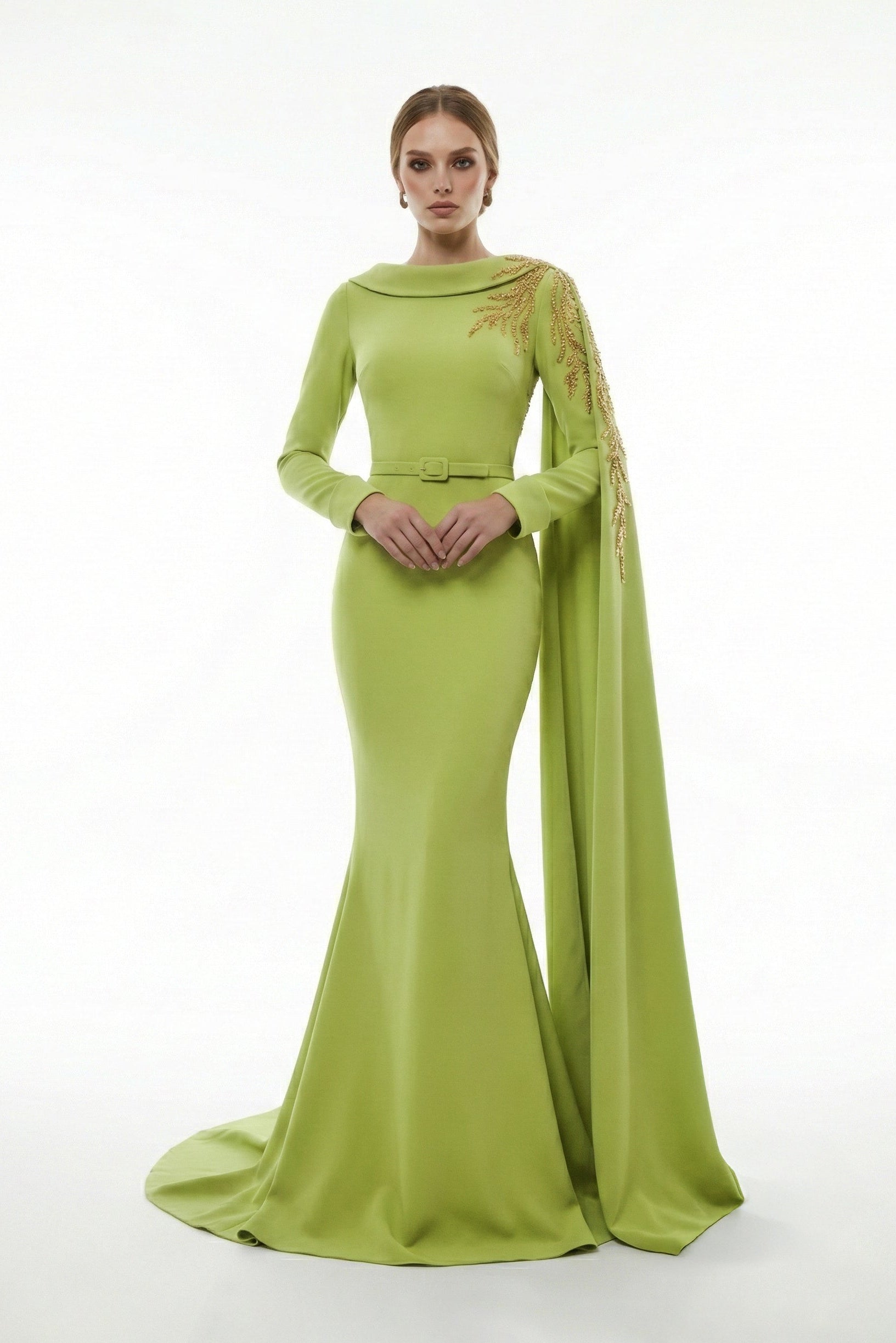 Fouad Sarkis F03027A Green Mermaid Gown Embroidered Cape