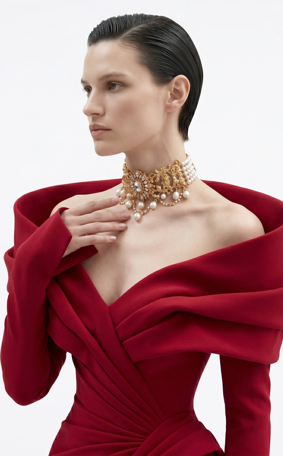 Fouad Sarkis F03049 – Crimson Off-Shoulder Draped Long-Sleeve Evening Gown