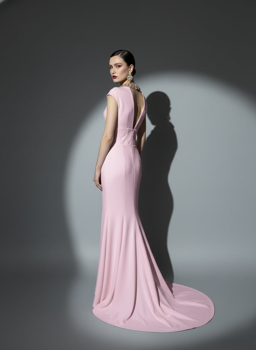Fouad Sarkis F0M1202 Blush Pink Crystal Collar Gown