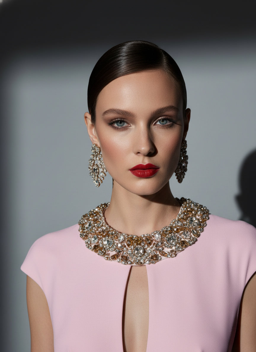 Fouad Sarkis F0M1202 Blush Pink Crystal Collar Gown
