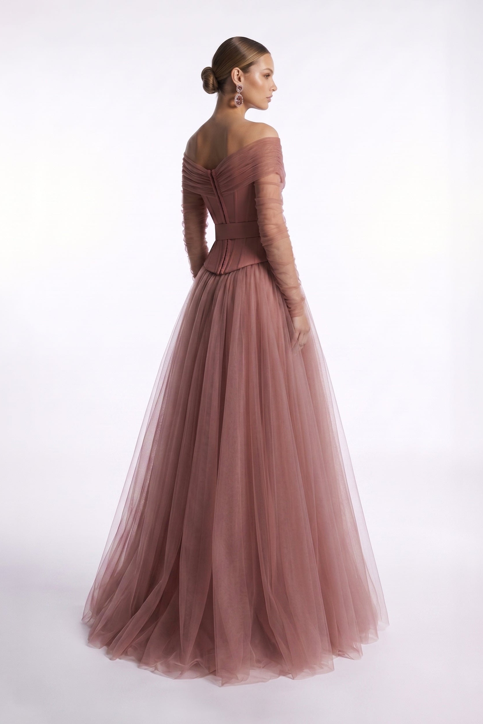 Fouad Sarkis F3013A – Blush Off-Shoulder Corset Gown with Sheer Sleeves & Tulle Skirt