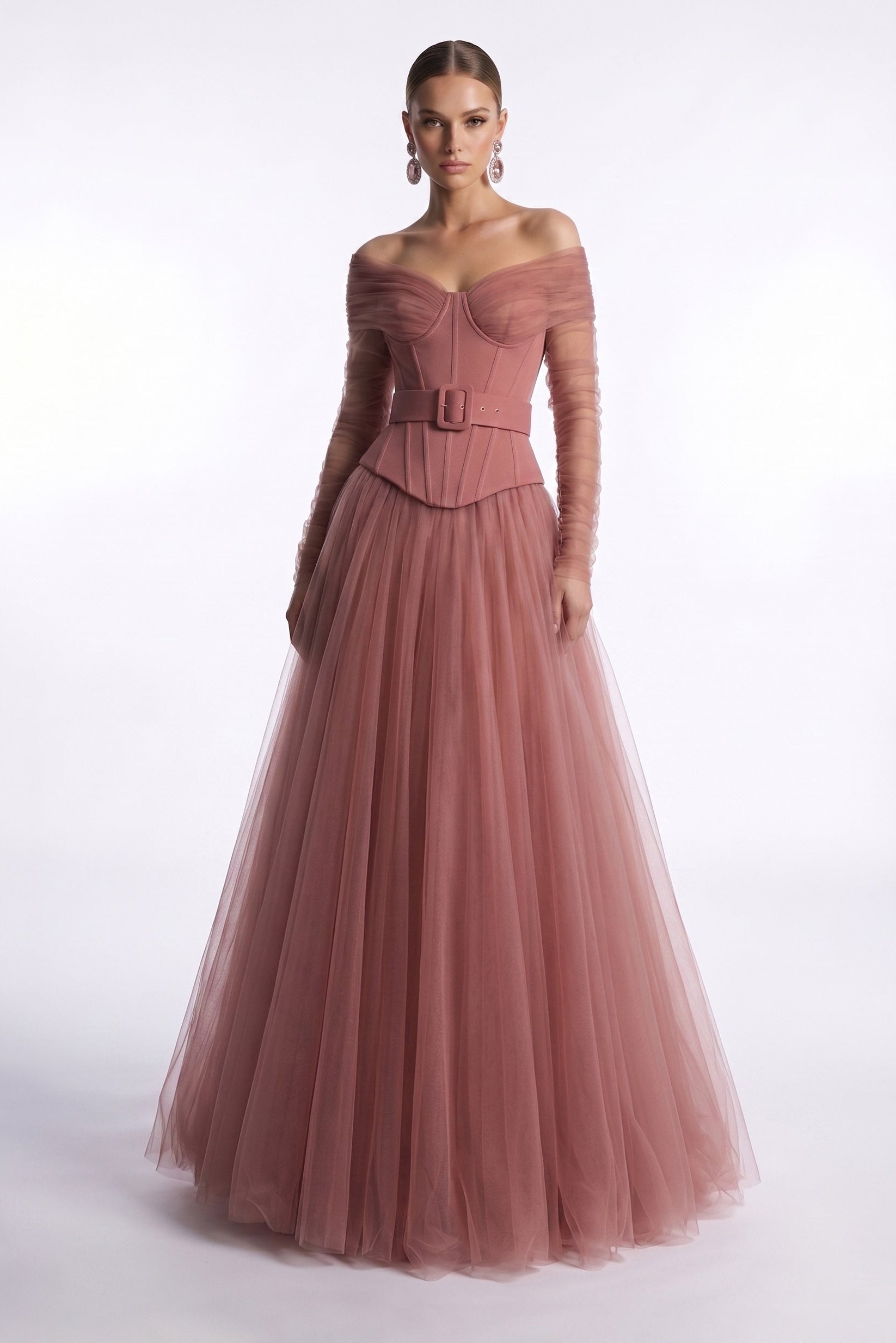 Fouad Sarkis F3013A – Blush Off-Shoulder Corset Gown with Sheer Sleeves & Tulle Skirt