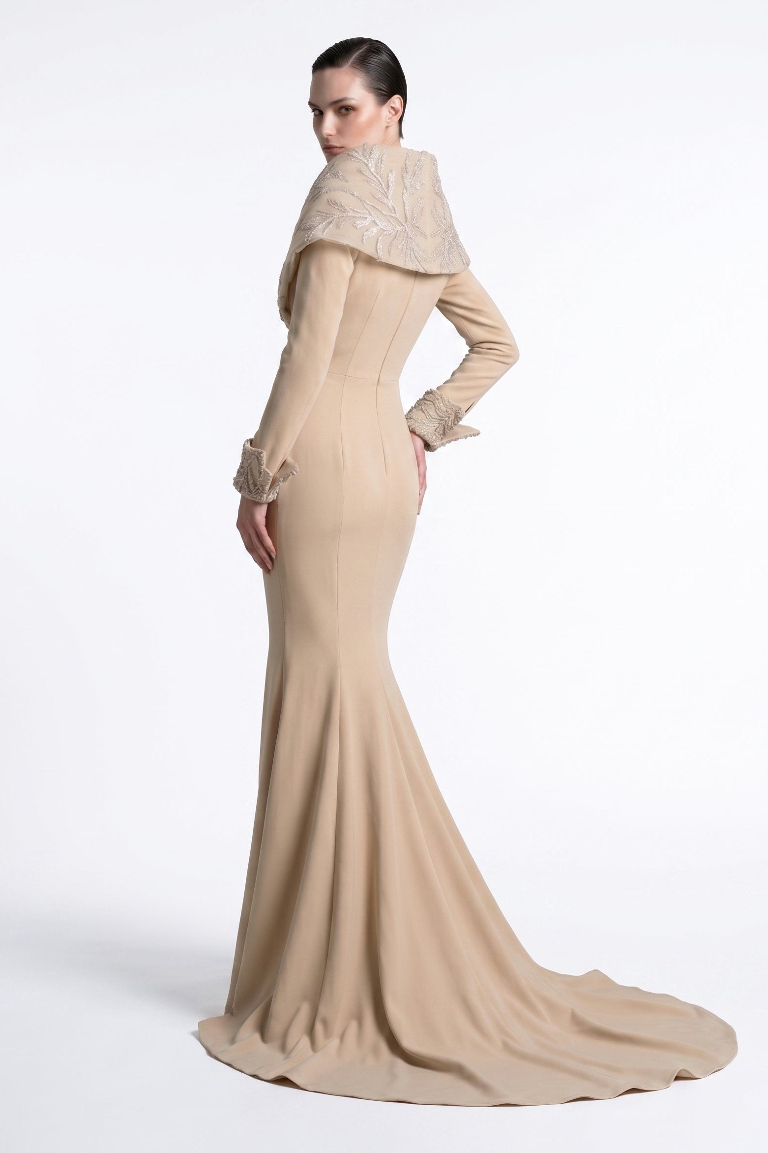 Fouad Sarkis F3019A – Champagne Long-Sleeve Mermaid Gown with Shawl Collar