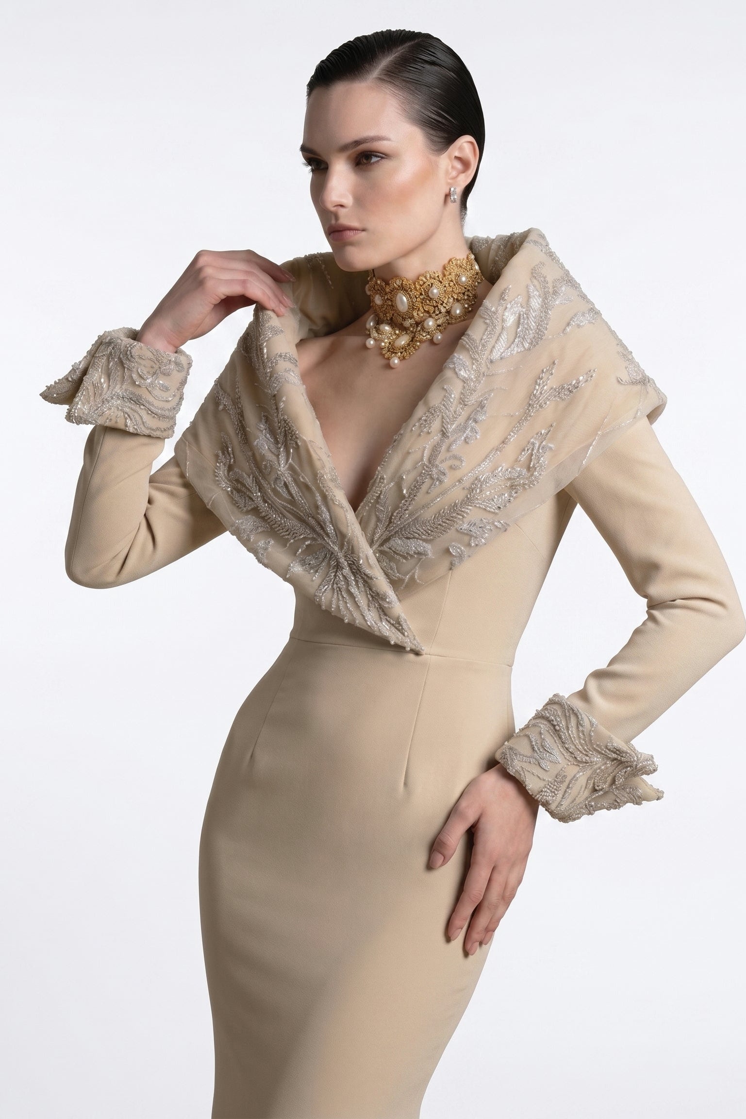 Fouad Sarkis F3019A – Champagne Long-Sleeve Mermaid Gown with Shawl Collar