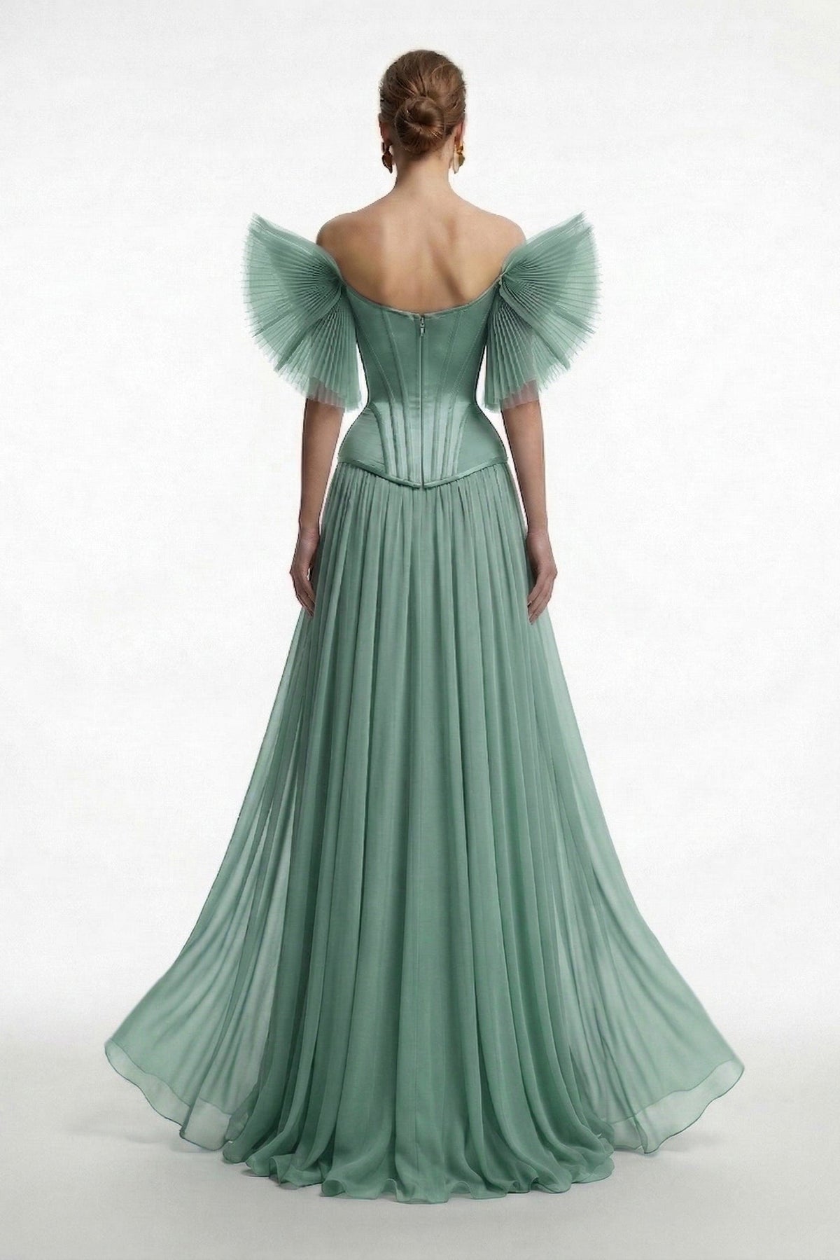 Fouad Sarkis F3040 – Off-Shoulder Pleated Tulle Corset Evening Gown