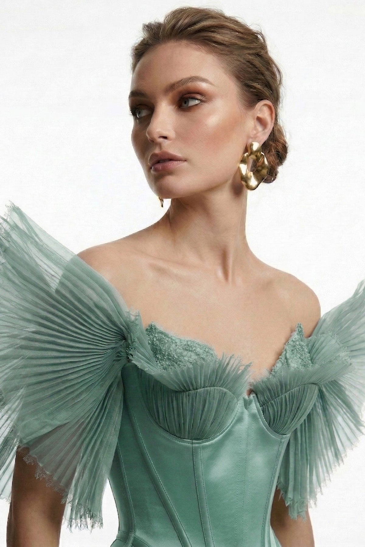 Fouad Sarkis F3040 – Off-Shoulder Pleated Tulle Corset Evening Gown