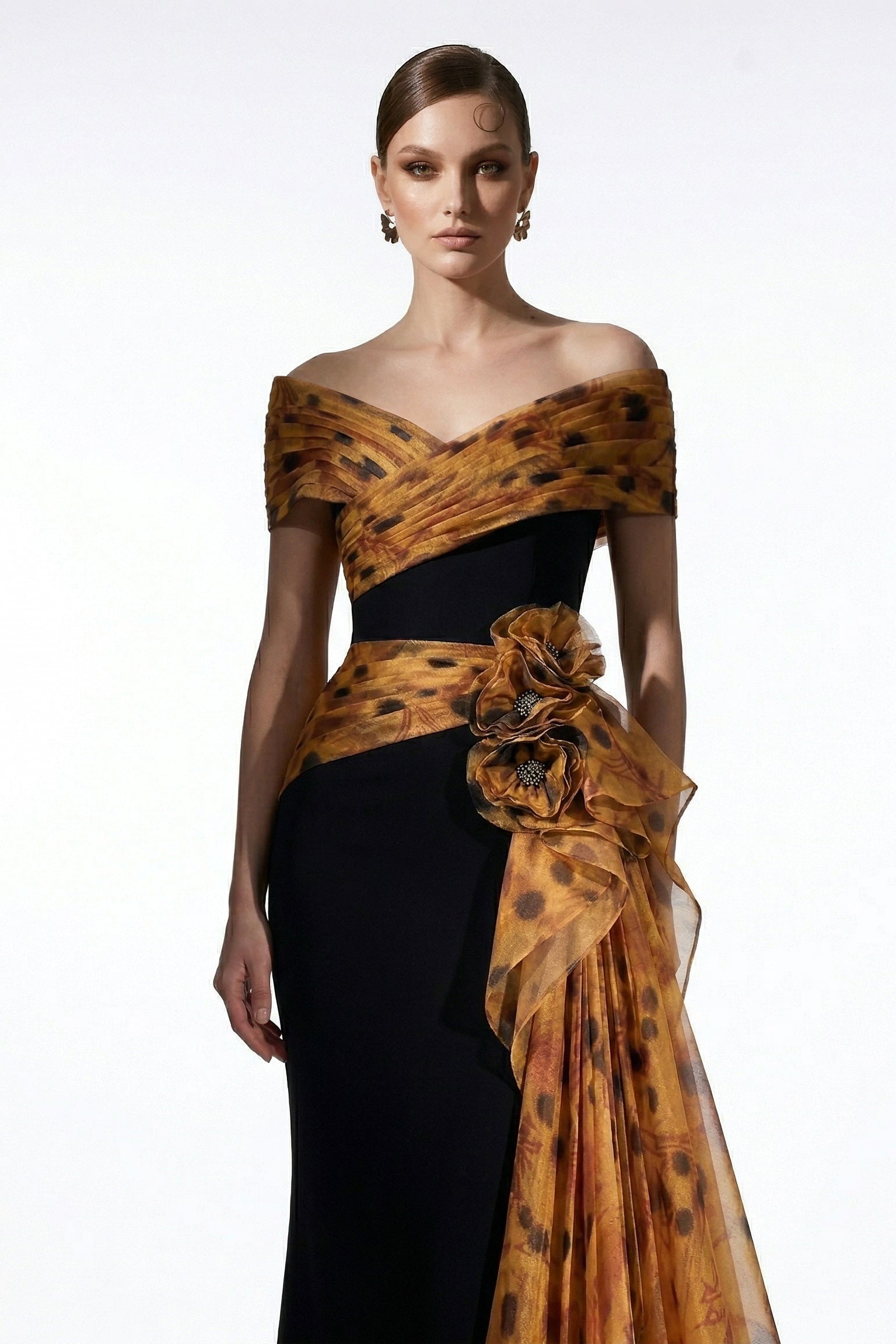 Fouad Sarkis F3043 – Black & Gold Off-Shoulder Draped Evening Gown