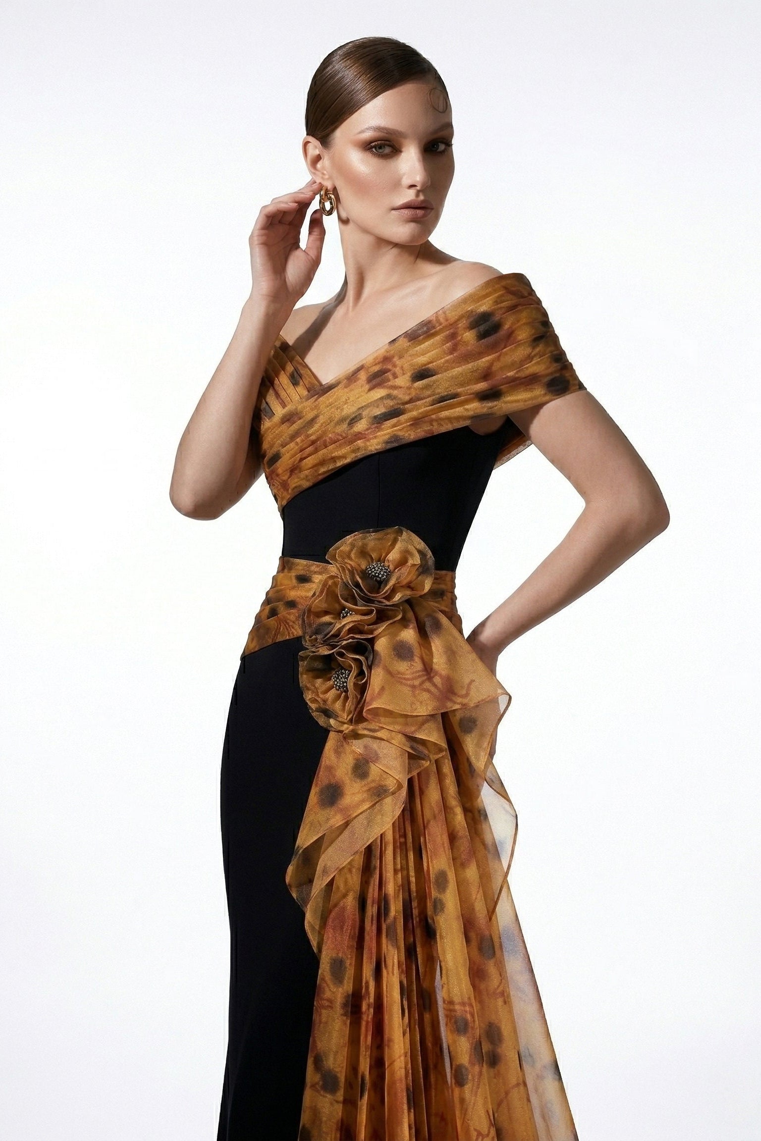 Fouad Sarkis F3043 – Black & Gold Off-Shoulder Draped Evening Gown