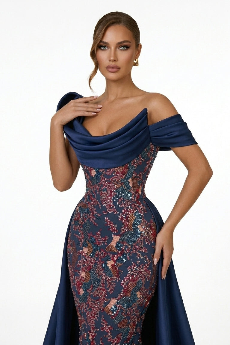 Fouad Sarkis F3044 – Midnight Embellished Mermaid Gown with Detachable Overskirt
