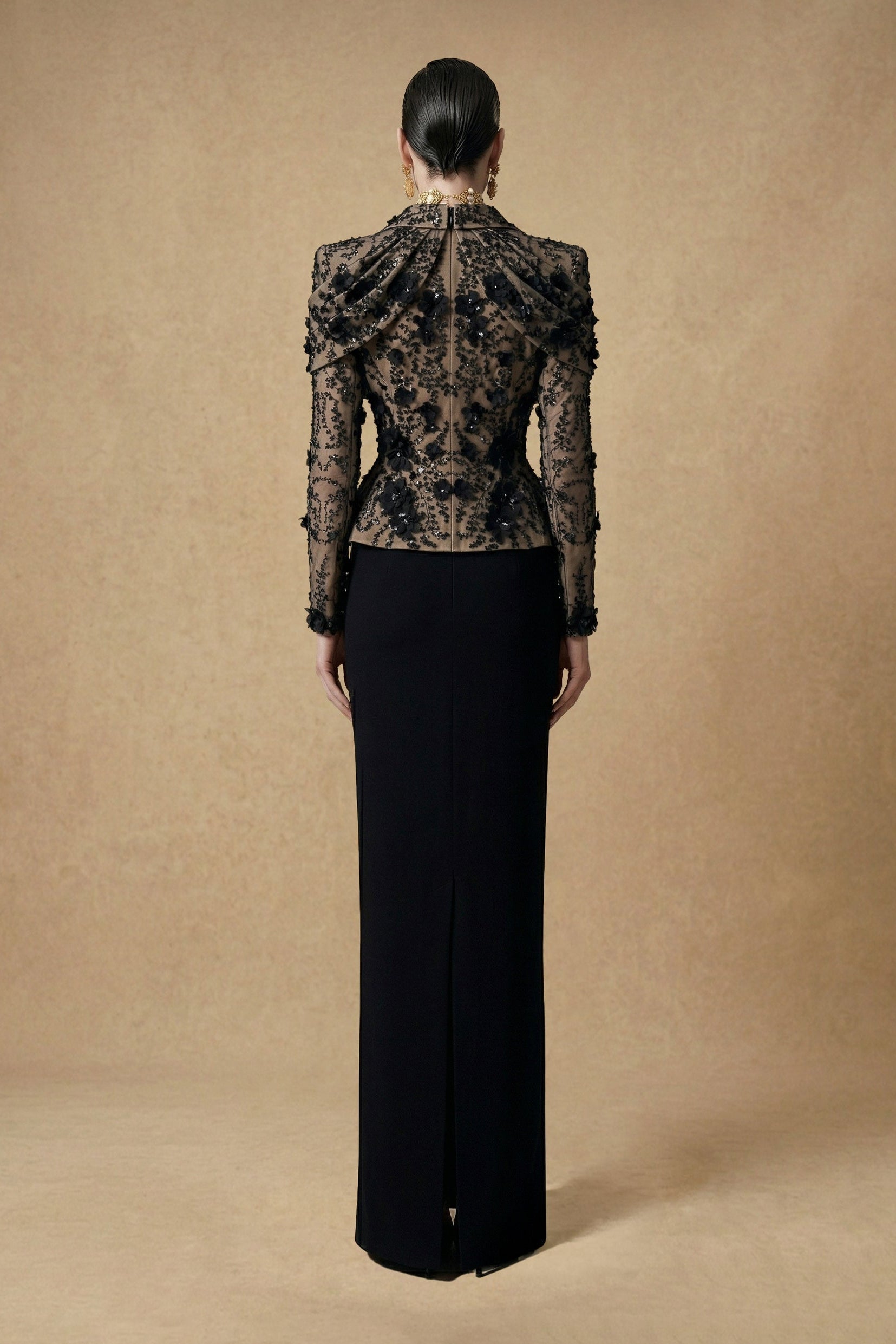 Fouad Sarkis F3047 – Black Sheer Lace Illusion Bodice Evening Gown