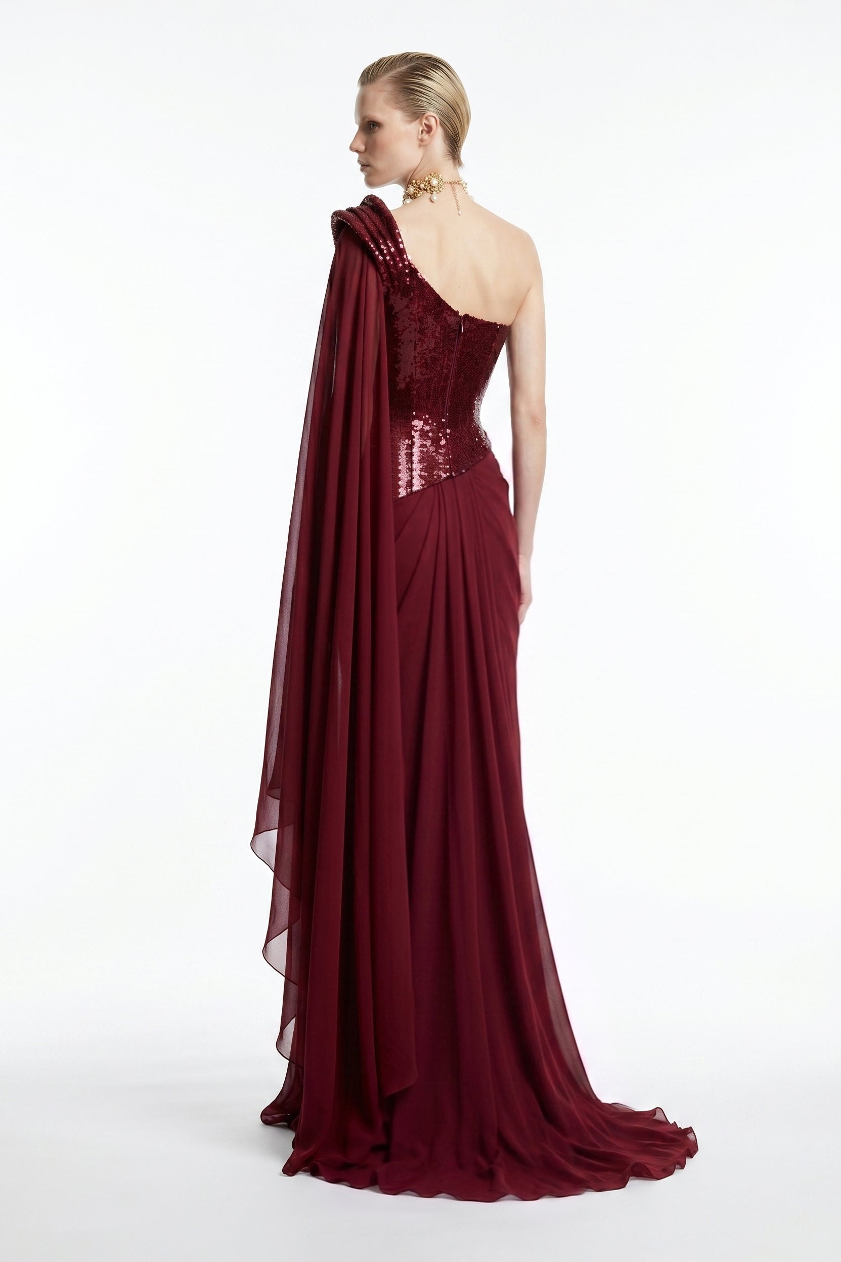 Fouad Sarkis F3048 – Burgundy One-Shoulder Sequin & Draped Chiffon Evening Gown