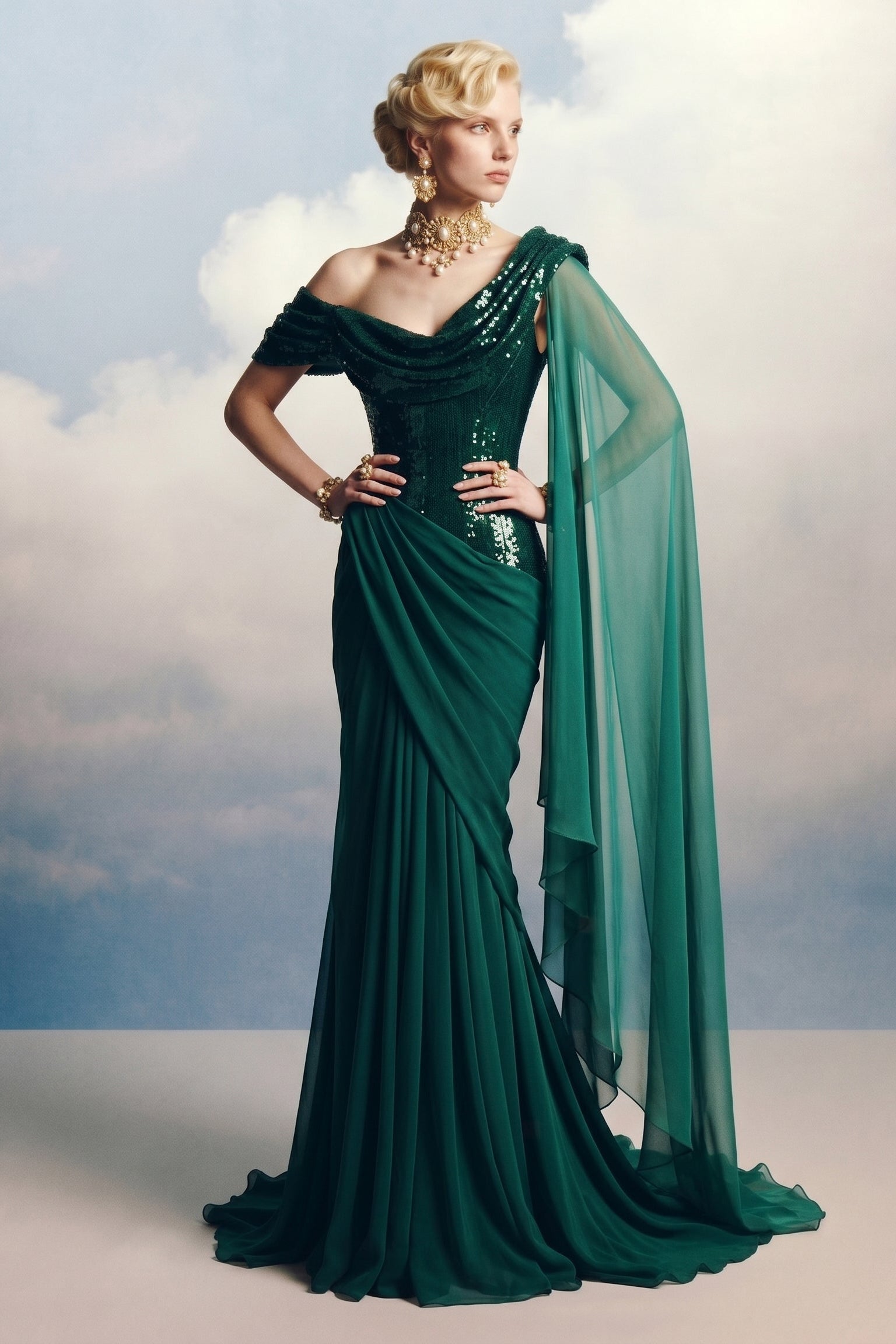 Fouad Sarkis F3048 – Burgundy One-Shoulder Sequin & Draped Chiffon Evening Gown
