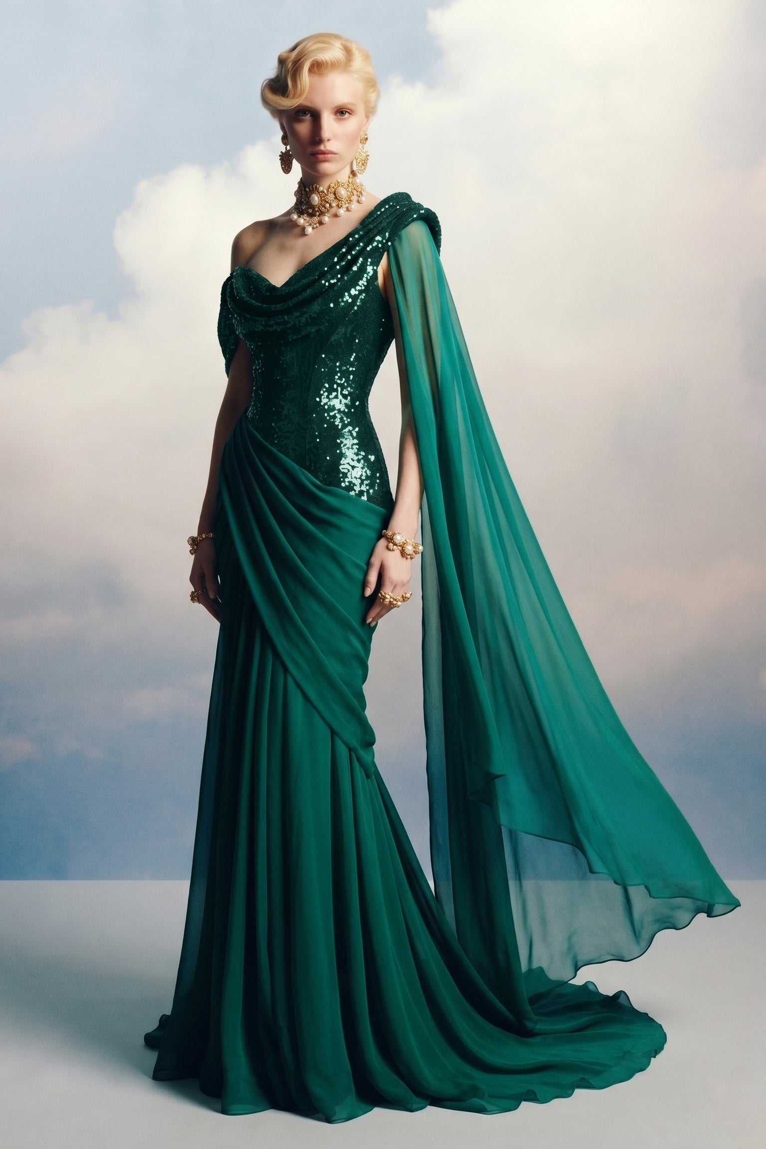 Fouad Sarkis F3048 – Burgundy One-Shoulder Sequin & Draped Chiffon Evening Gown