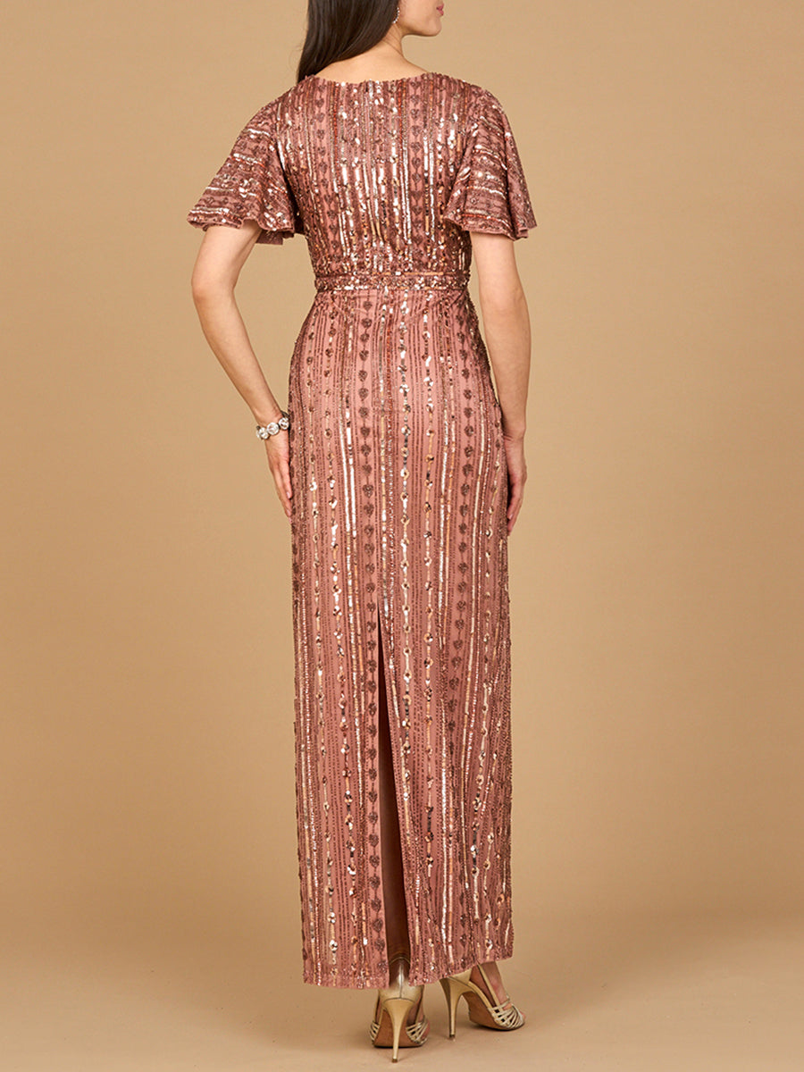 Fully Beaded Gown with Flutter Sleeves 28901