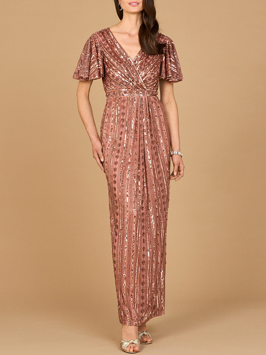 Fully Beaded Gown with Flutter Sleeves 28901