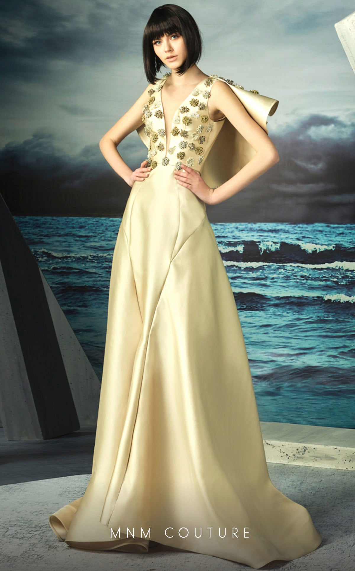 Illusion Plunging Gown with Ruffled Cape G0825