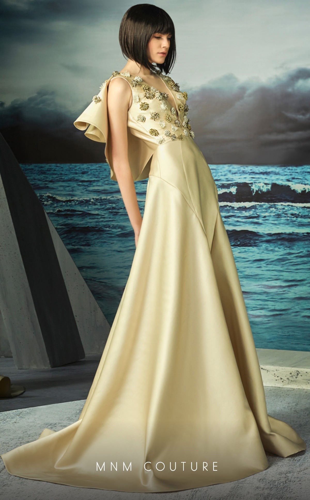 Illusion Plunging Gown with Ruffled Cape G0825