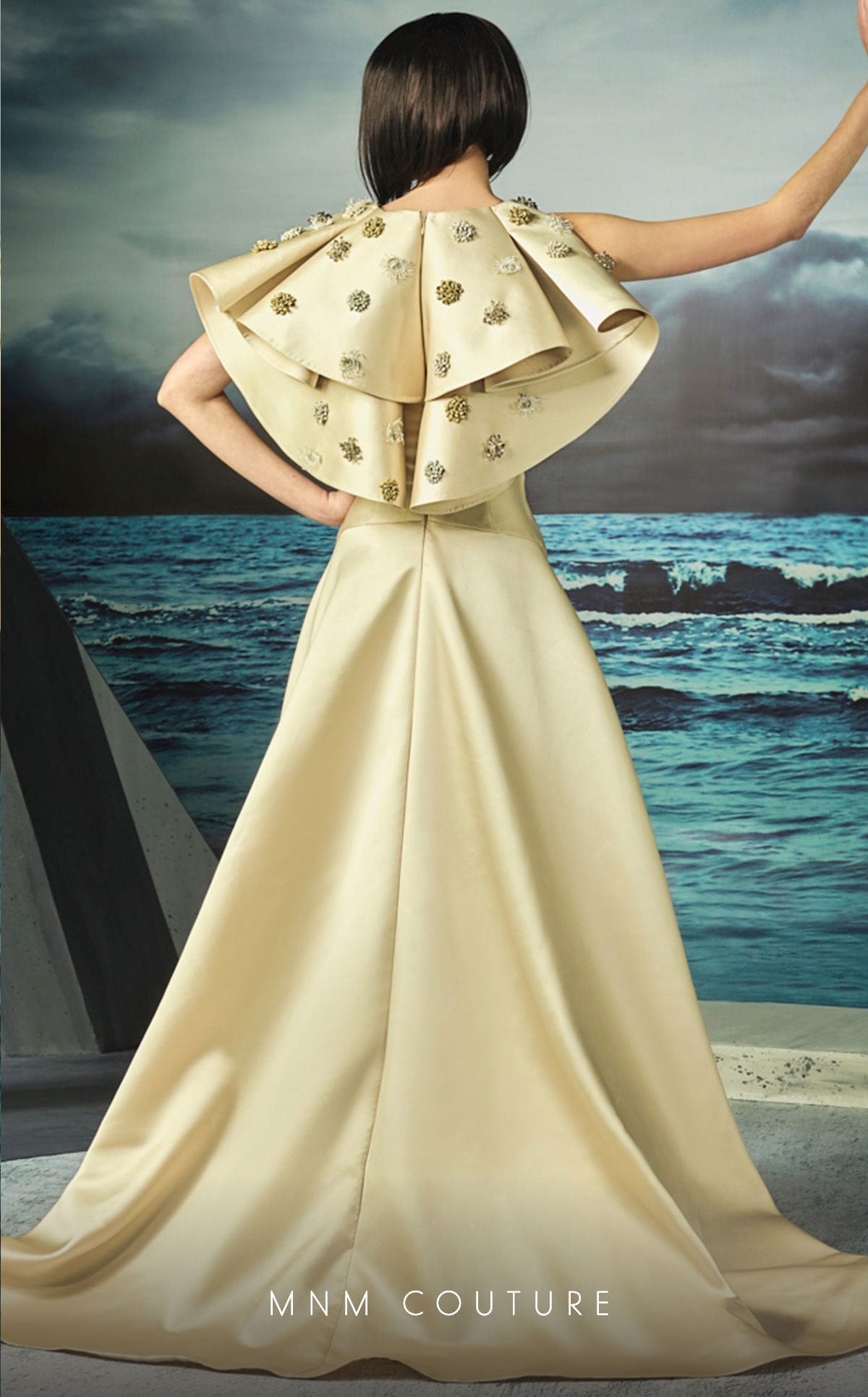 Illusion Plunging Gown with Ruffled Cape G0825