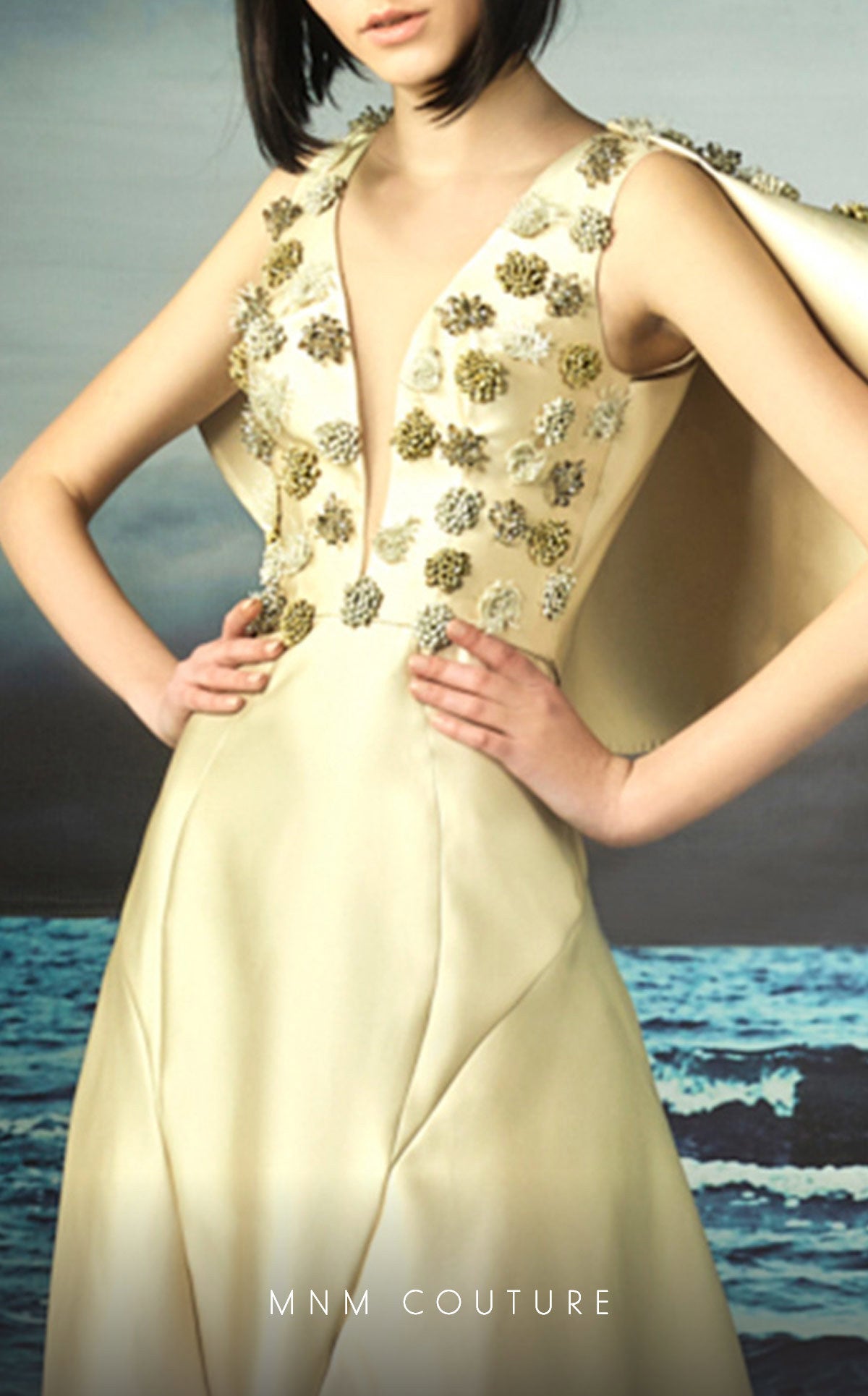 Illusion Plunging Gown with Ruffled Cape G0825