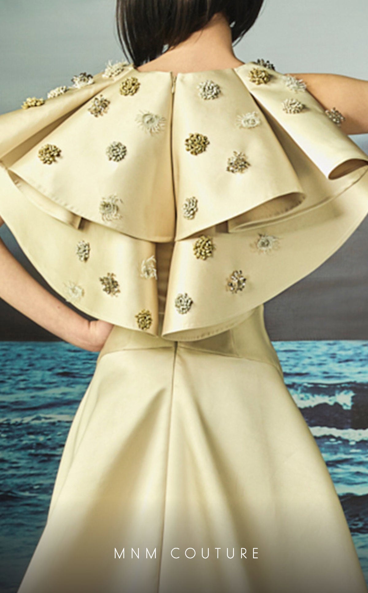 Illusion Plunging Gown with Ruffled Cape G0825