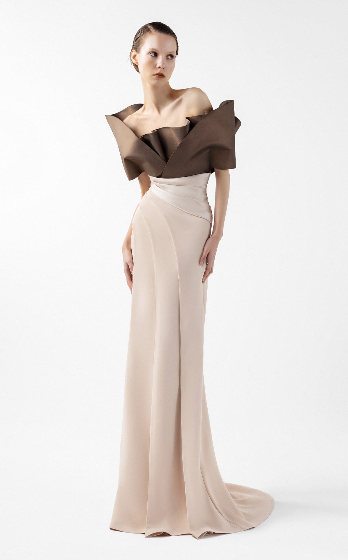 Two-Tone Draped Gown with Sculptural Bodice in Chocolate and Nude G2000