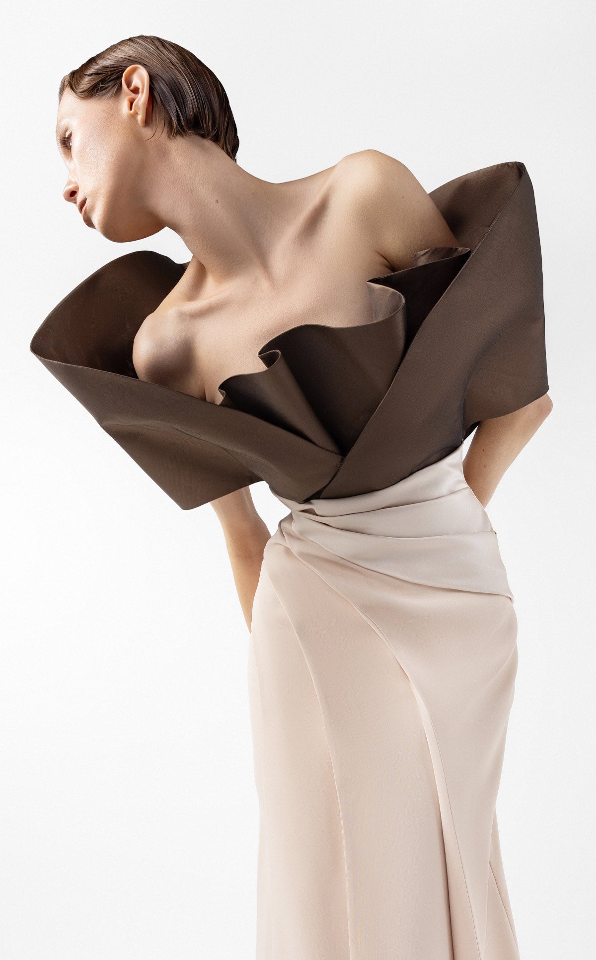 Two-Tone Draped Gown with Sculptural Bodice in Chocolate and Nude G2000