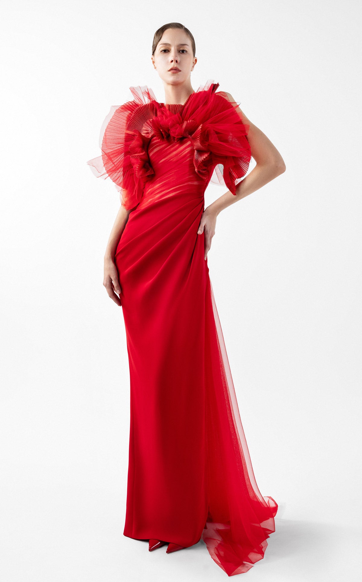 Crimson Whisper Red Crepe and Ethereal Tulle Evening Gown G2001