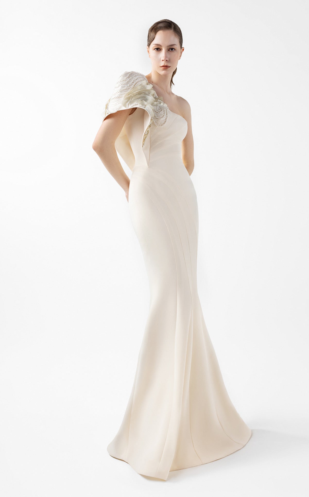 Moonlit Pearl, One-Shoulder Cream Mermaid Gown G2003