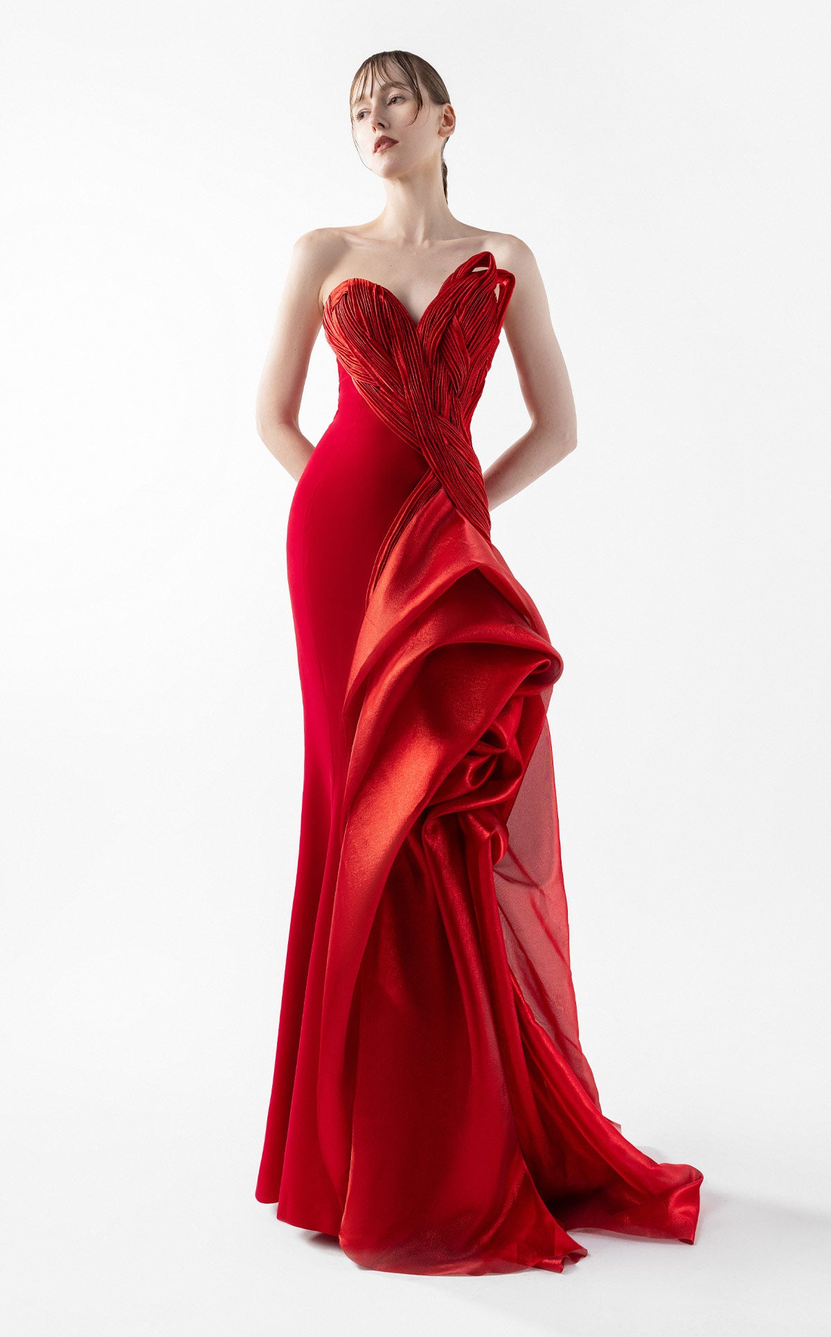 Scarlet Opulence Gown with Architectural Draping G2006