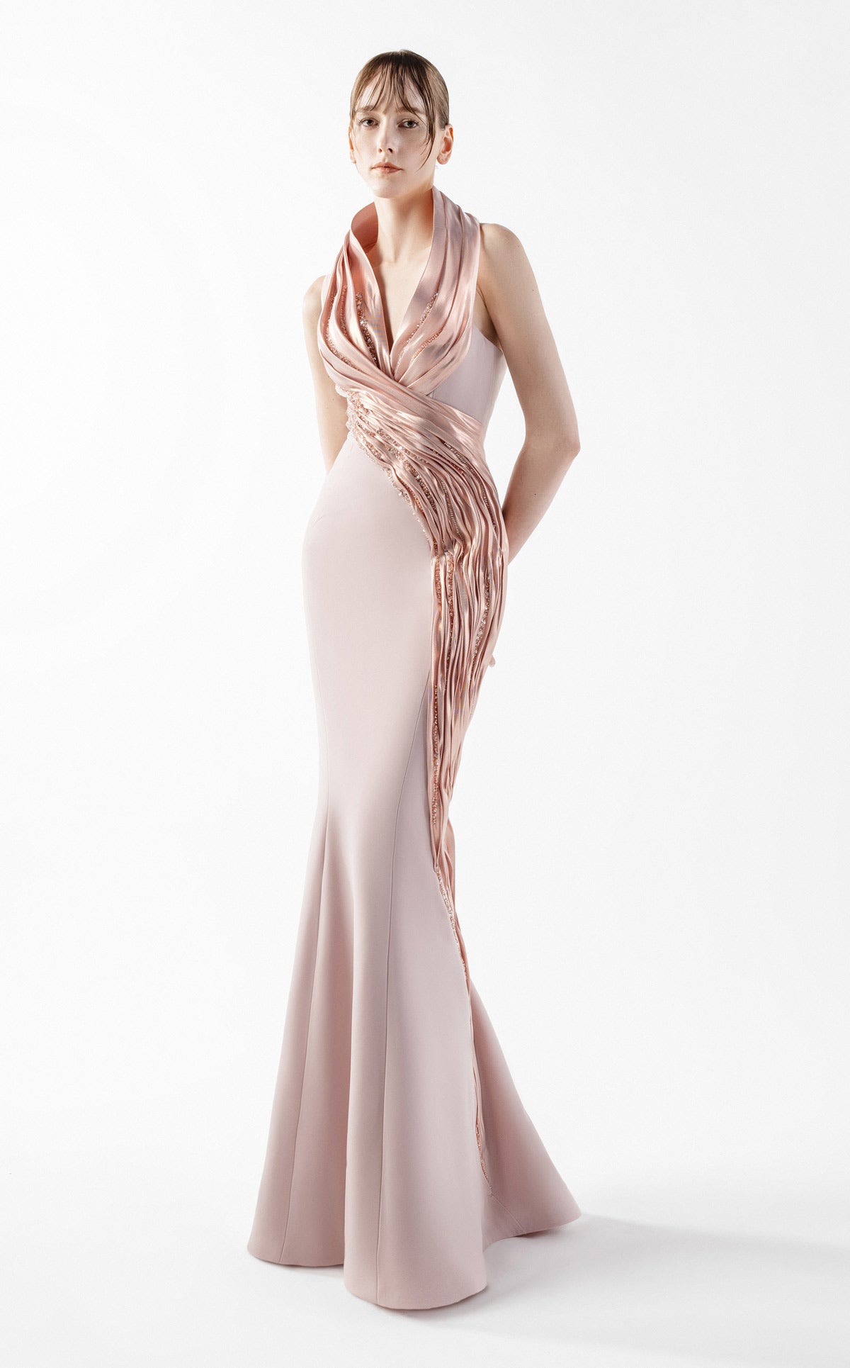 Lace Embellished Halter-Neck Rosé Gown G2012