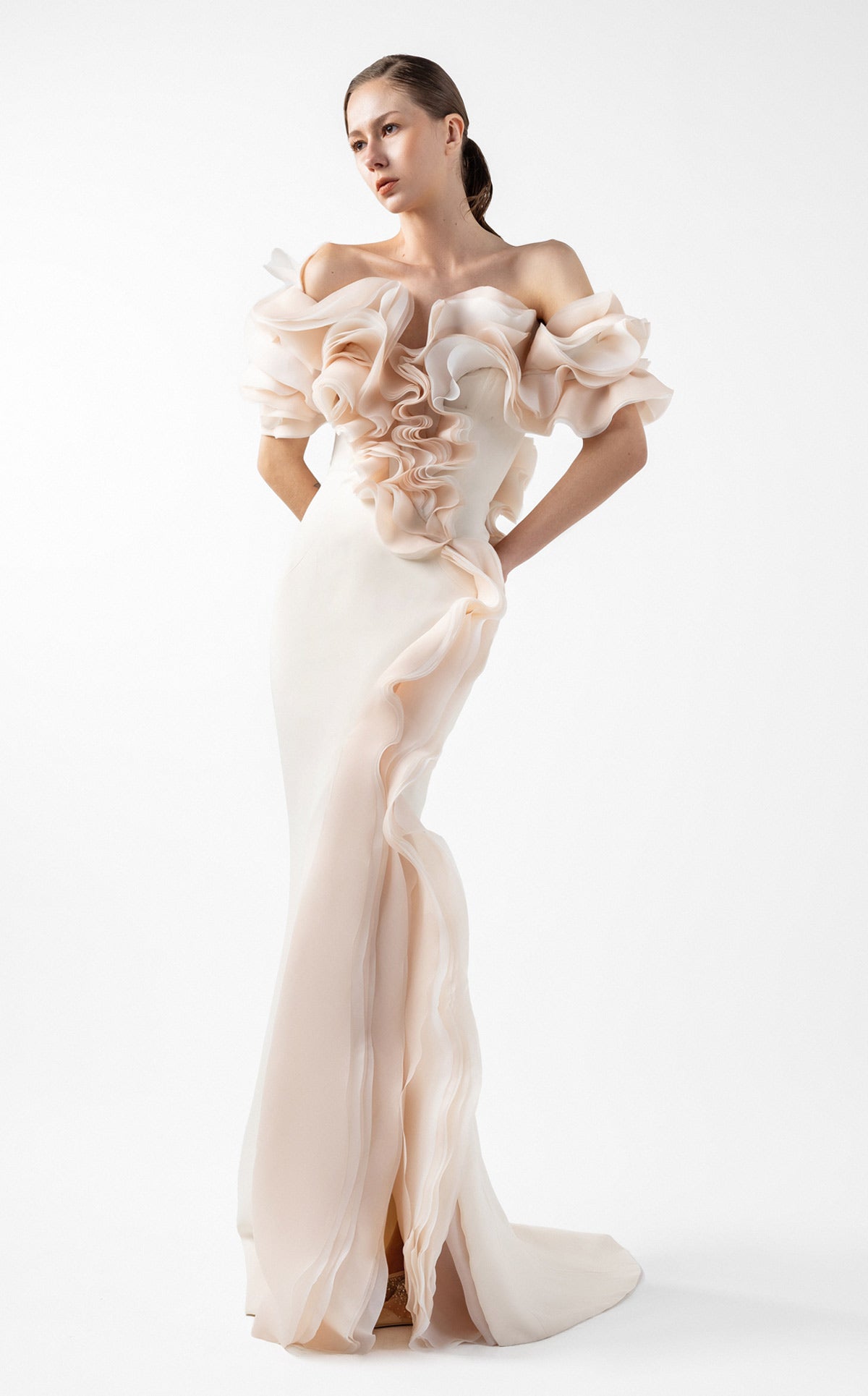 Romantic Cream Gown with Blooming Peach Ruffles G2013