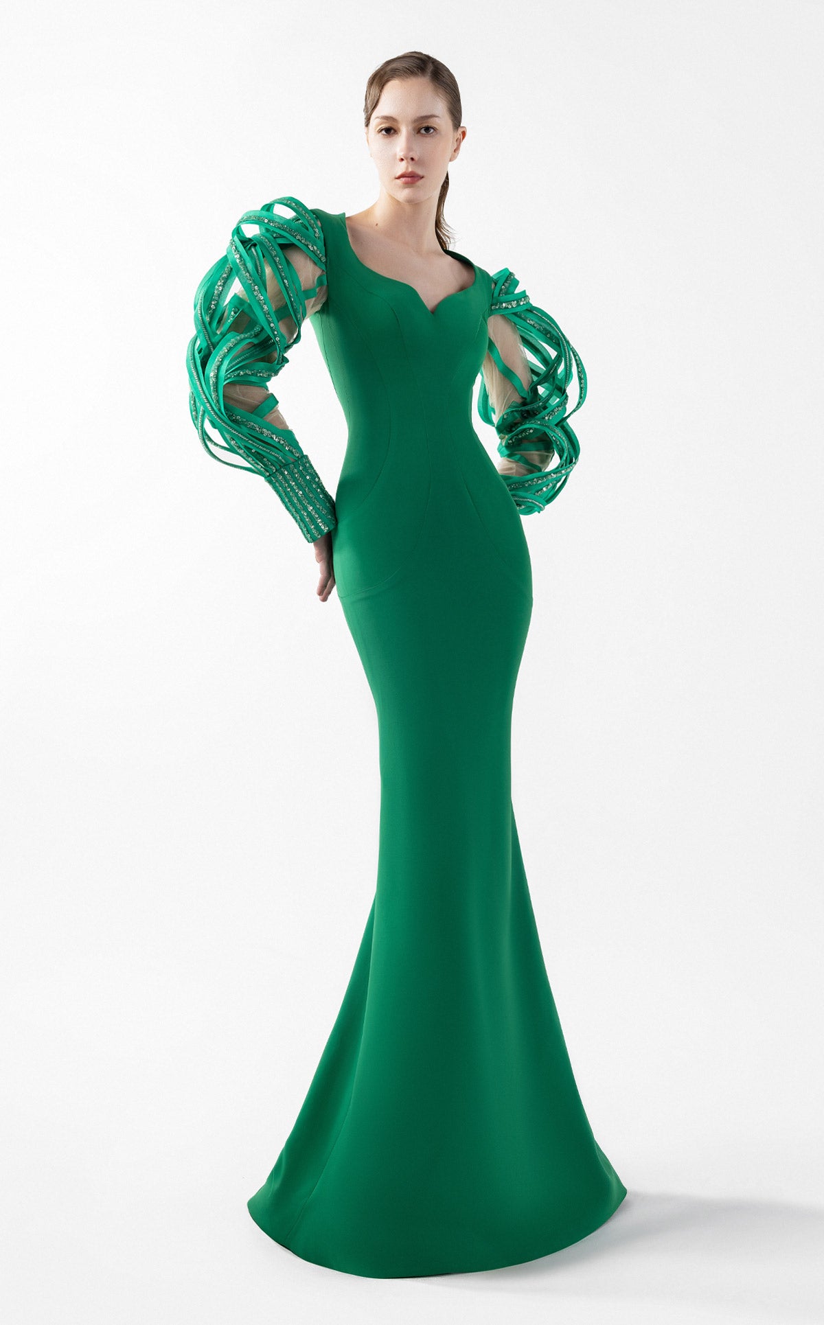 Emerald Dreamweaver Gown With Illusion Sleeves G2017