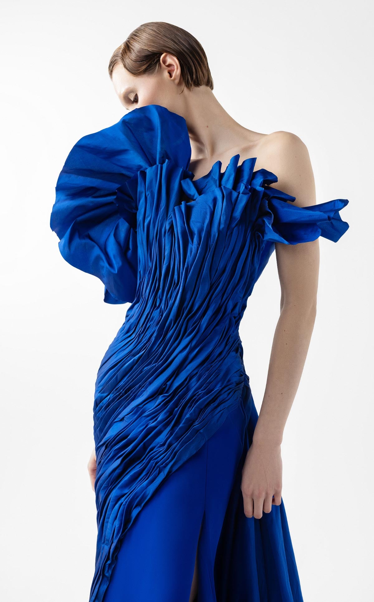 Sculptural Taffeta Bodice Royal Blue Gown G2019