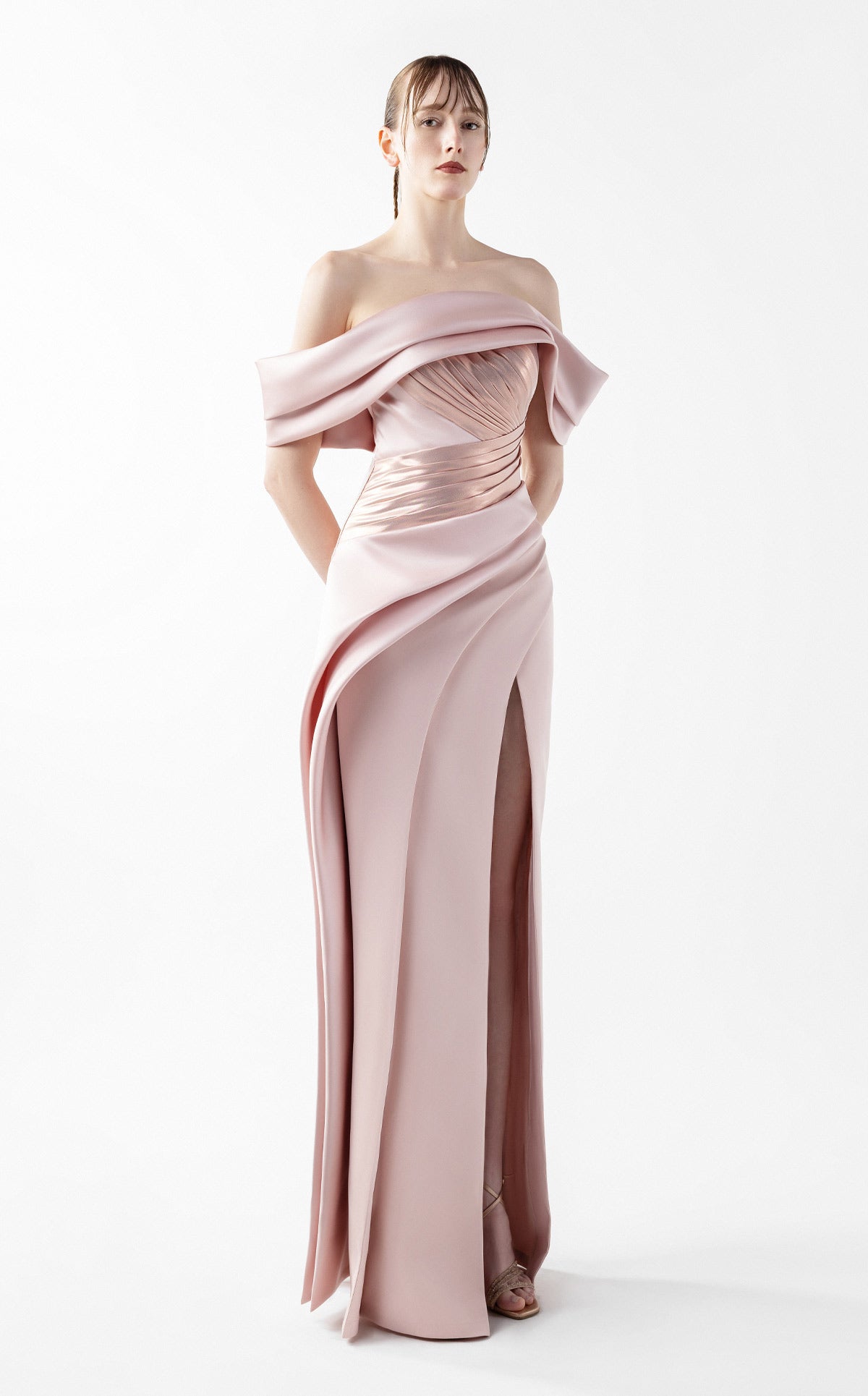 Sophisticated Mixed Media Off Shoulder Pink Dress G2020
