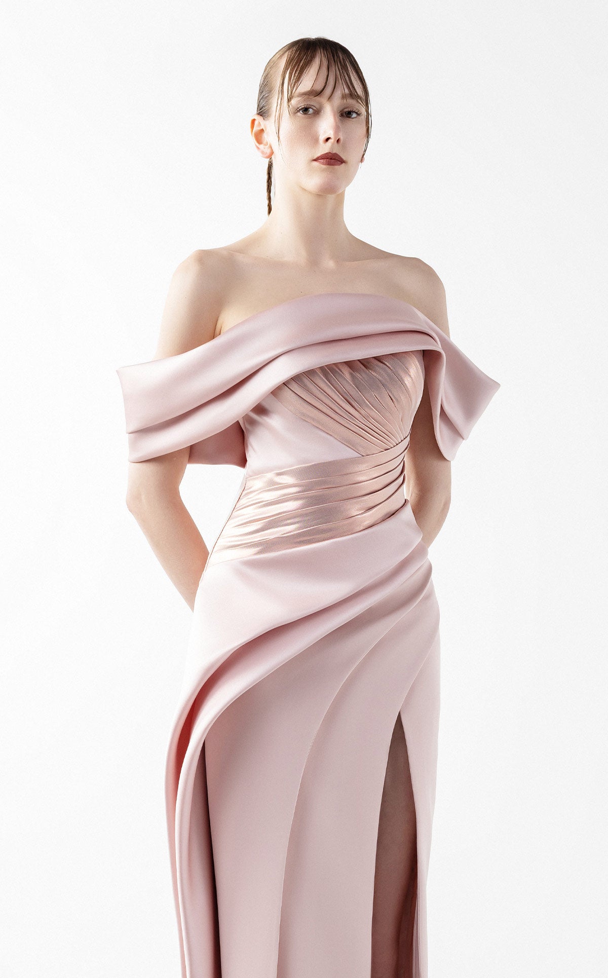 Sophisticated Mixed Media Off Shoulder Pink Dress G2020