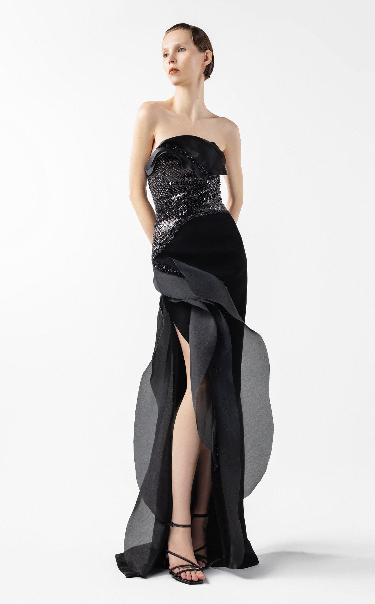 Sculpted Black Mirage Dress with Floating Layers G2021