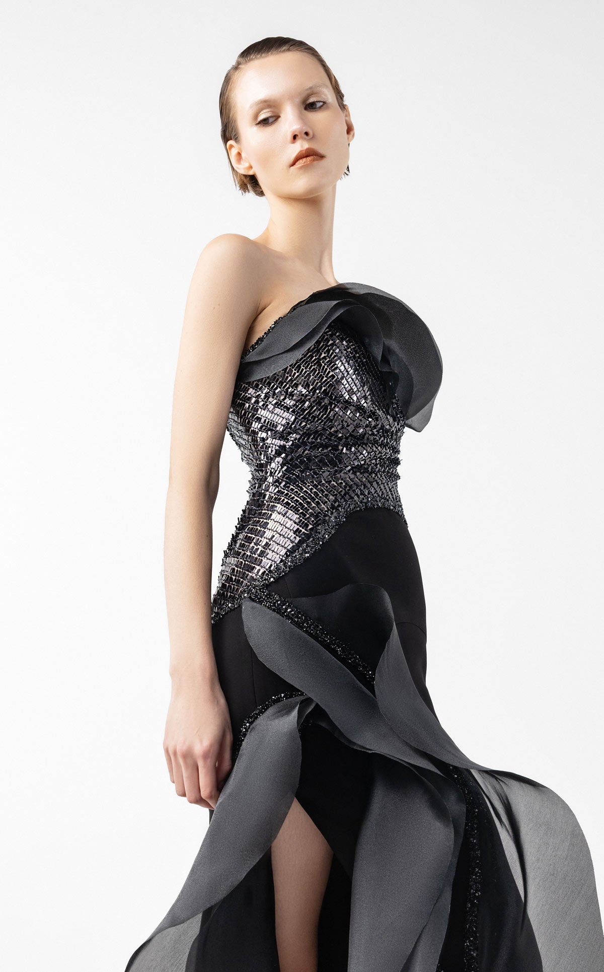 Sculpted Black Mirage Dress with Floating Layers G2021