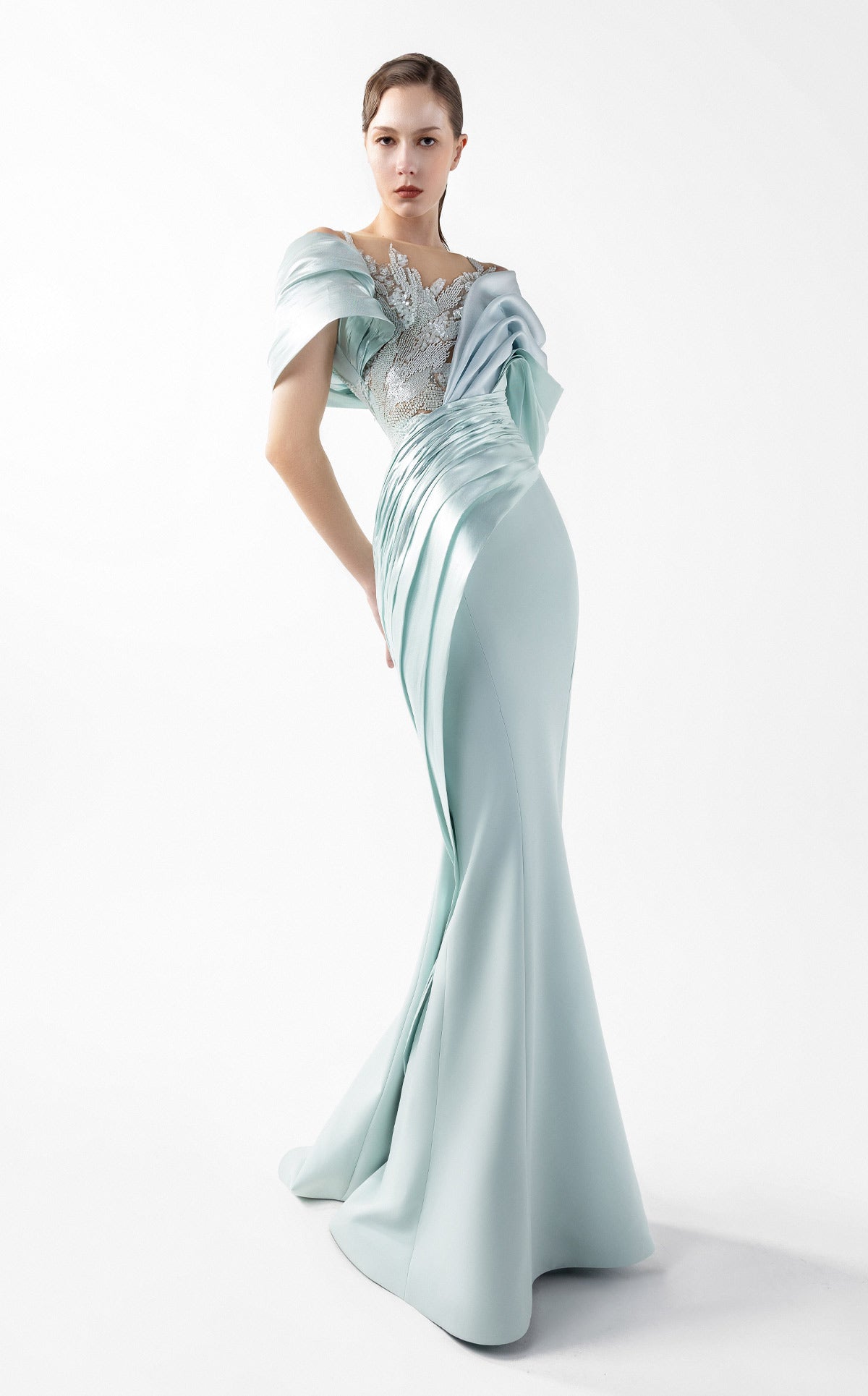 Mint Reverie Mermaid Gown with Off-Shoulder Draping G2024