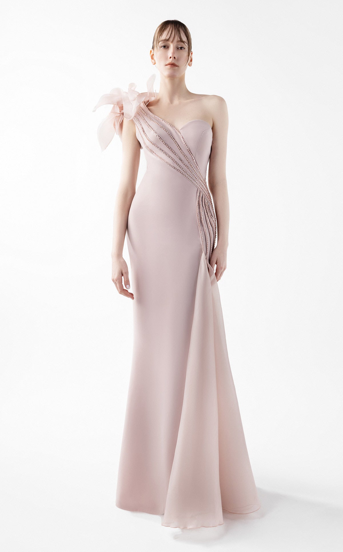 Rosé Petal Cascading Beaded Floral Gown G2026