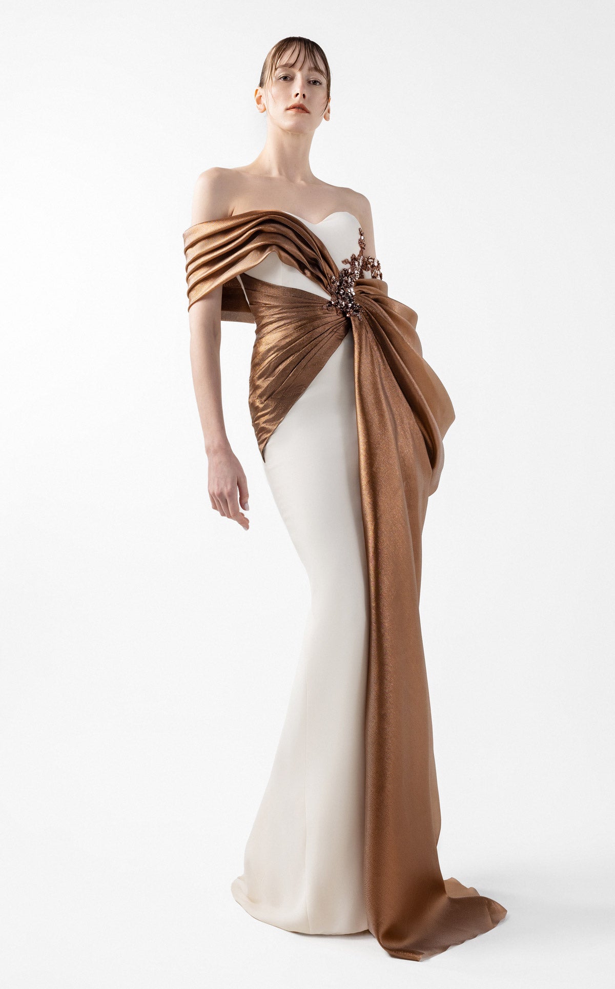 Cream Crepe Gown with Lame Organza Draping & Embroidered Accents G2030