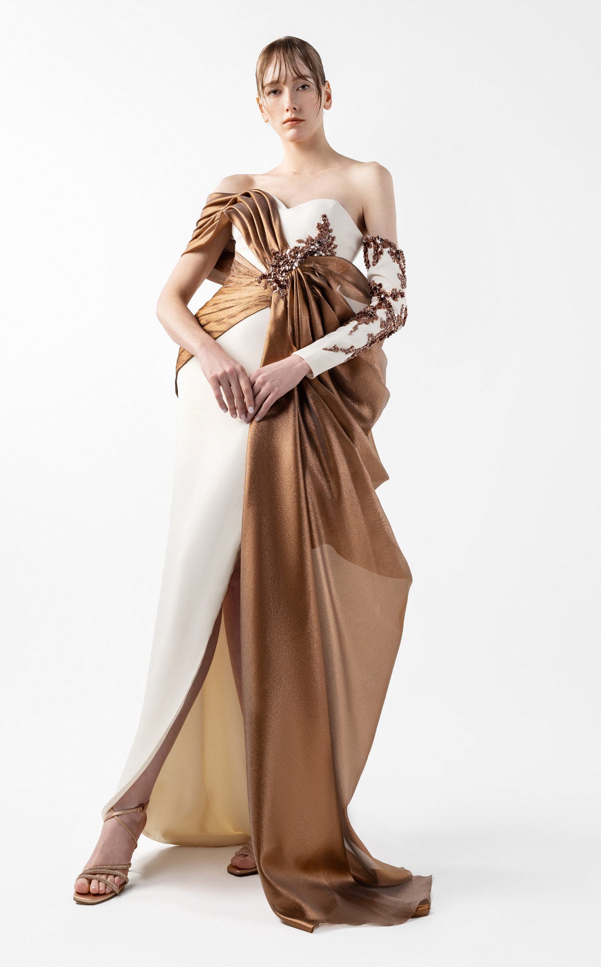 Cream Crepe Gown with Lame Organza Draping & Embroidered Accents G2030