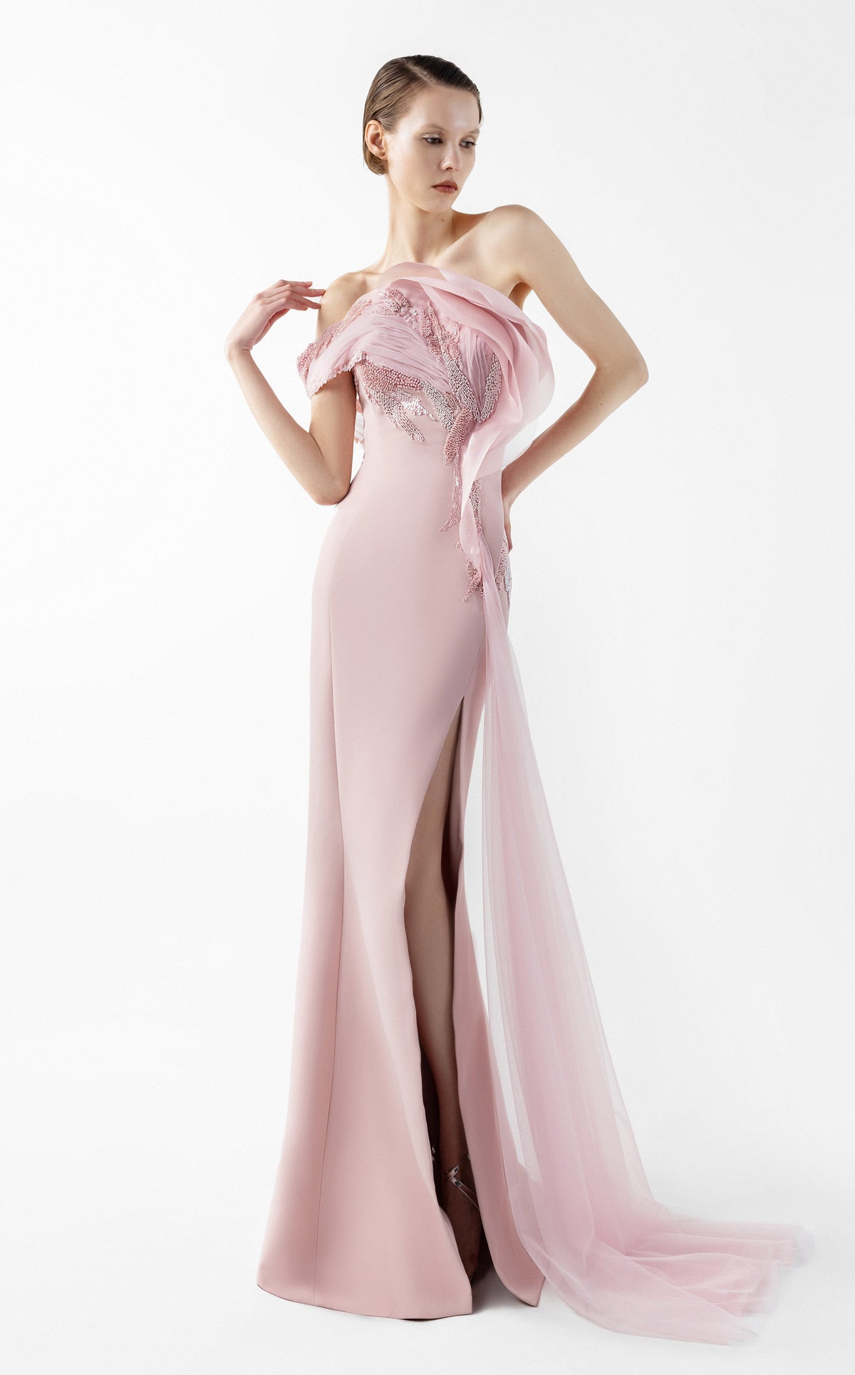 Rosé Sculpted Gown with Cascading Organza and Beaded Bloom G2031