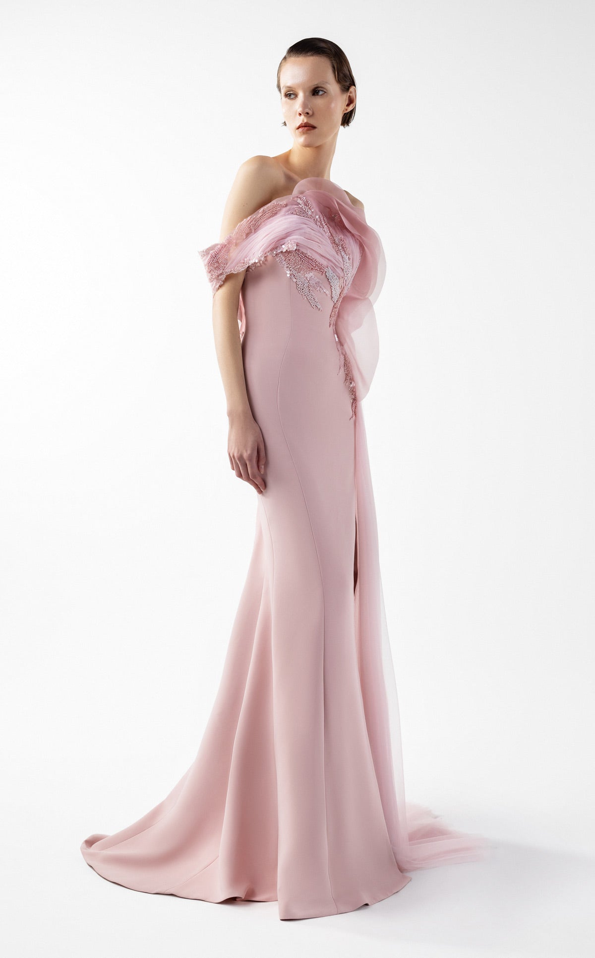 Rosé Sculpted Gown with Cascading Organza and Beaded Bloom G2031