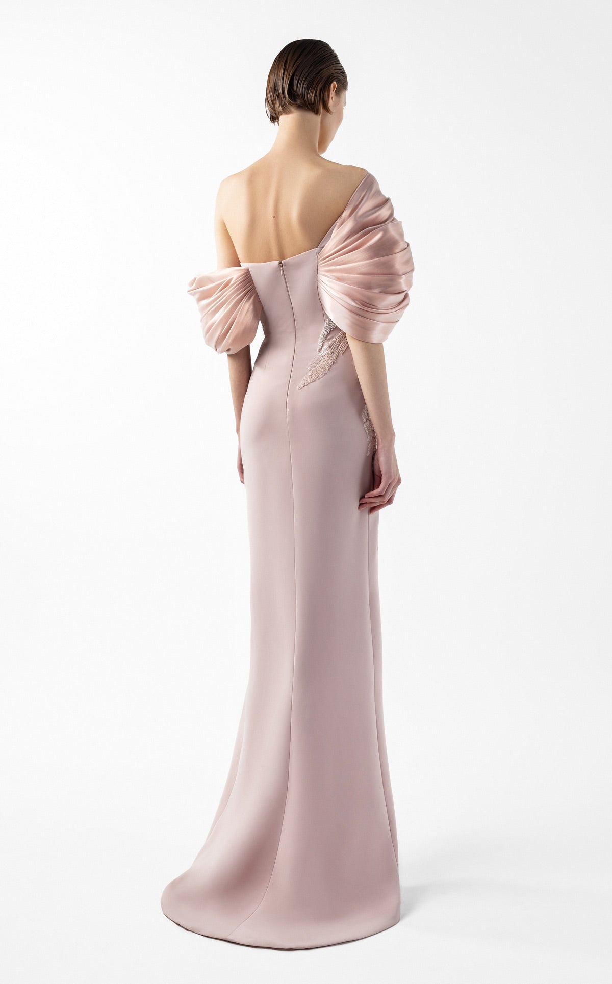 Draped Petal Crepe and Metallic Blush Gown G2034