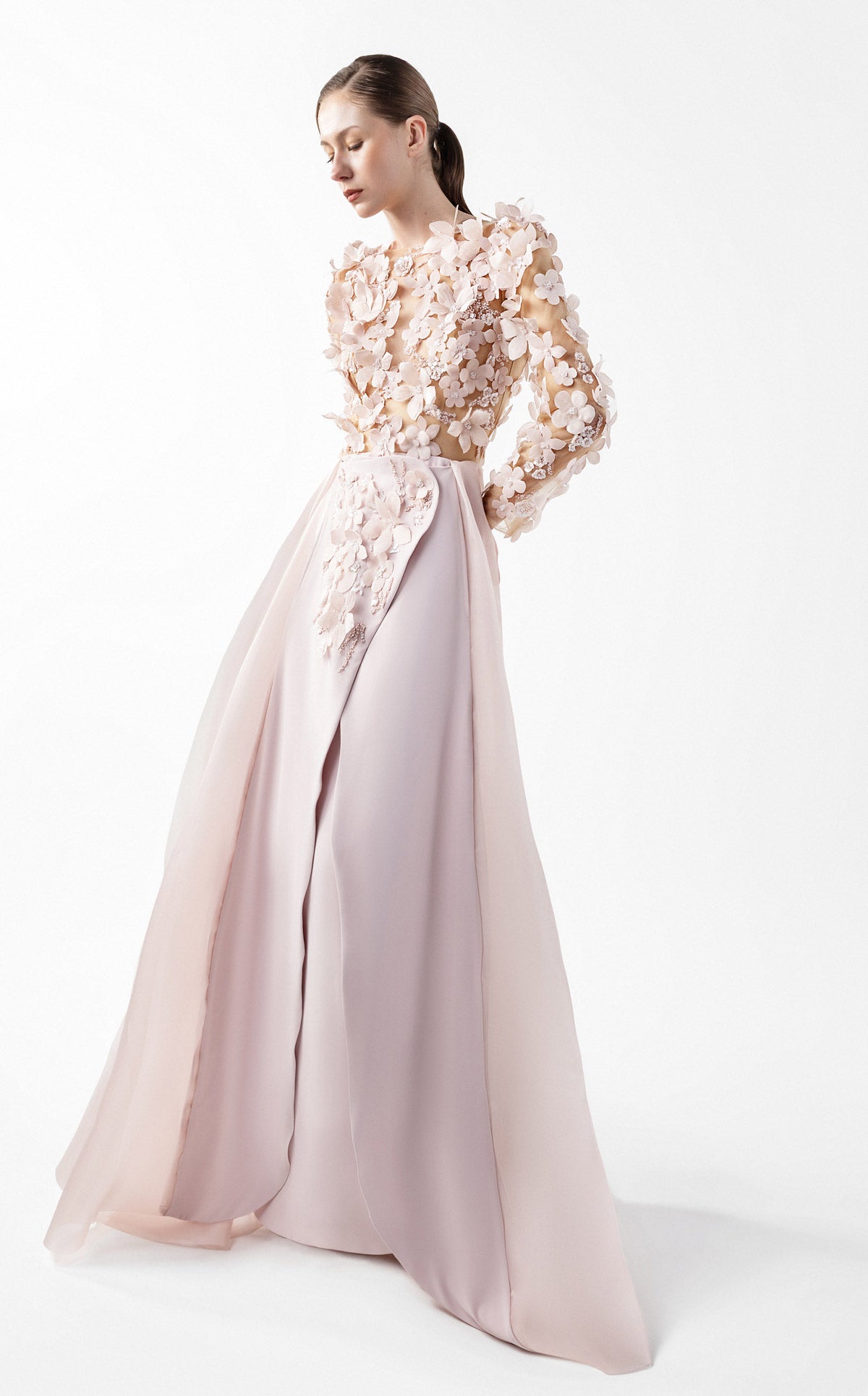 Ethereal Pink Floral Illusion Gown with Fluid Envelope Skirt G2035