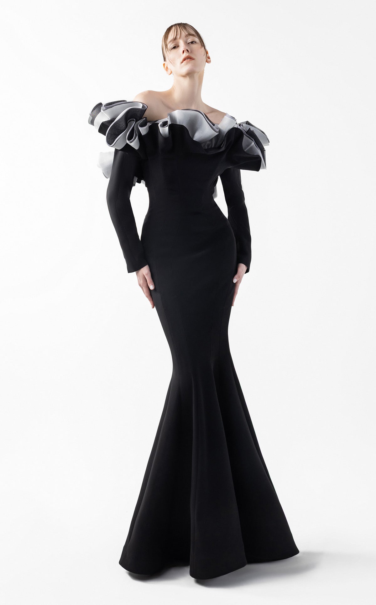 Romantic Black Gown with Sculptural Ruffles and Sleeves G2036