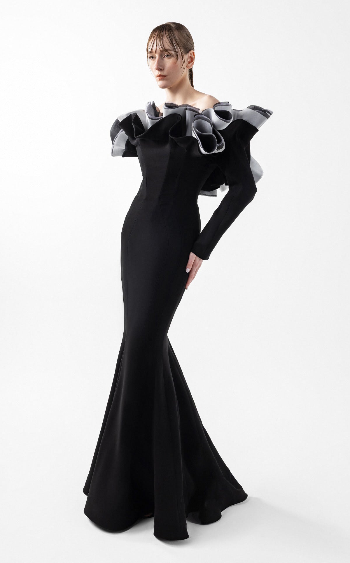 Romantic Black Gown with Sculptural Ruffles and Sleeves G2036