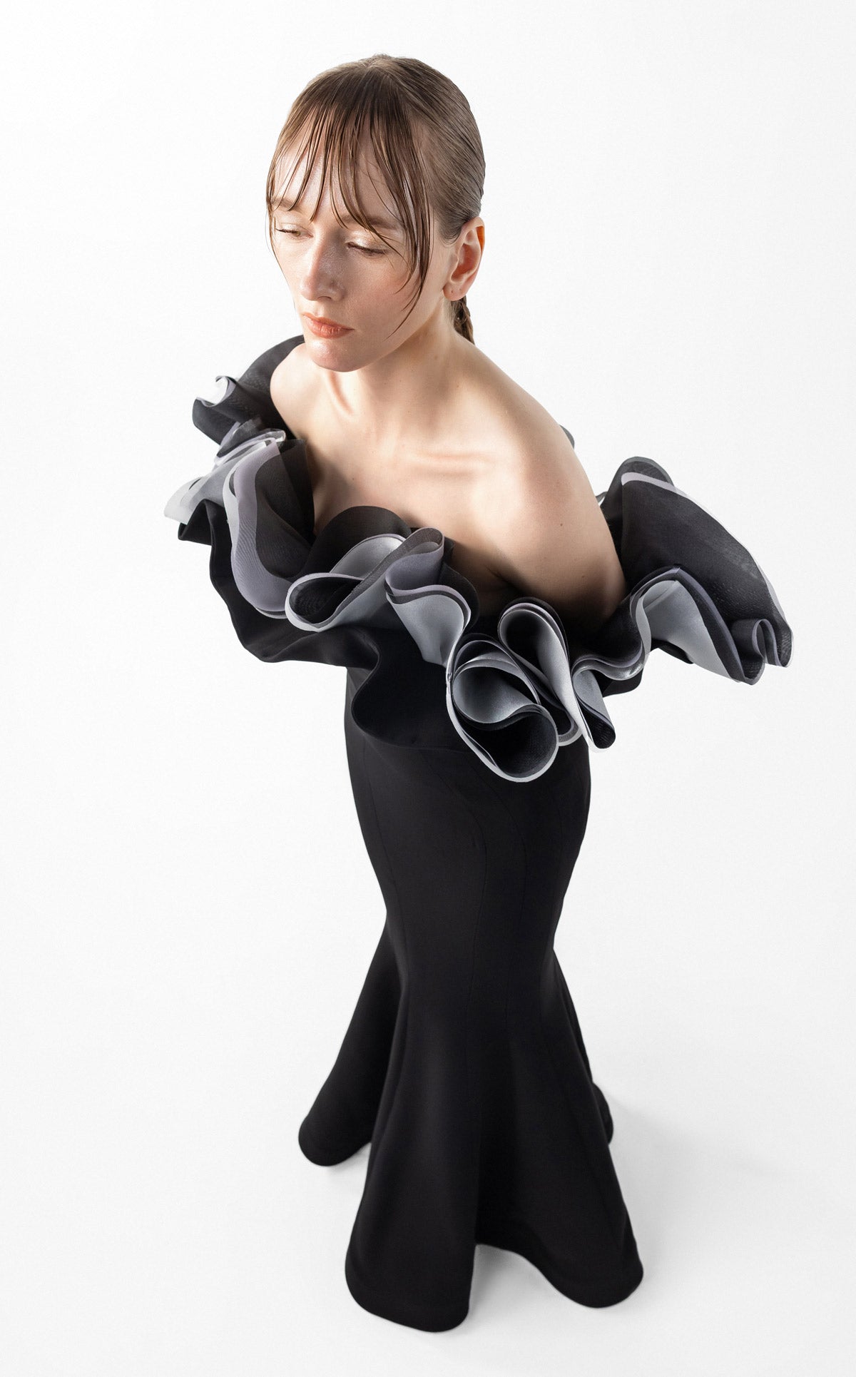 Romantic Black Gown with Sculptural Ruffles and Sleeves G2036