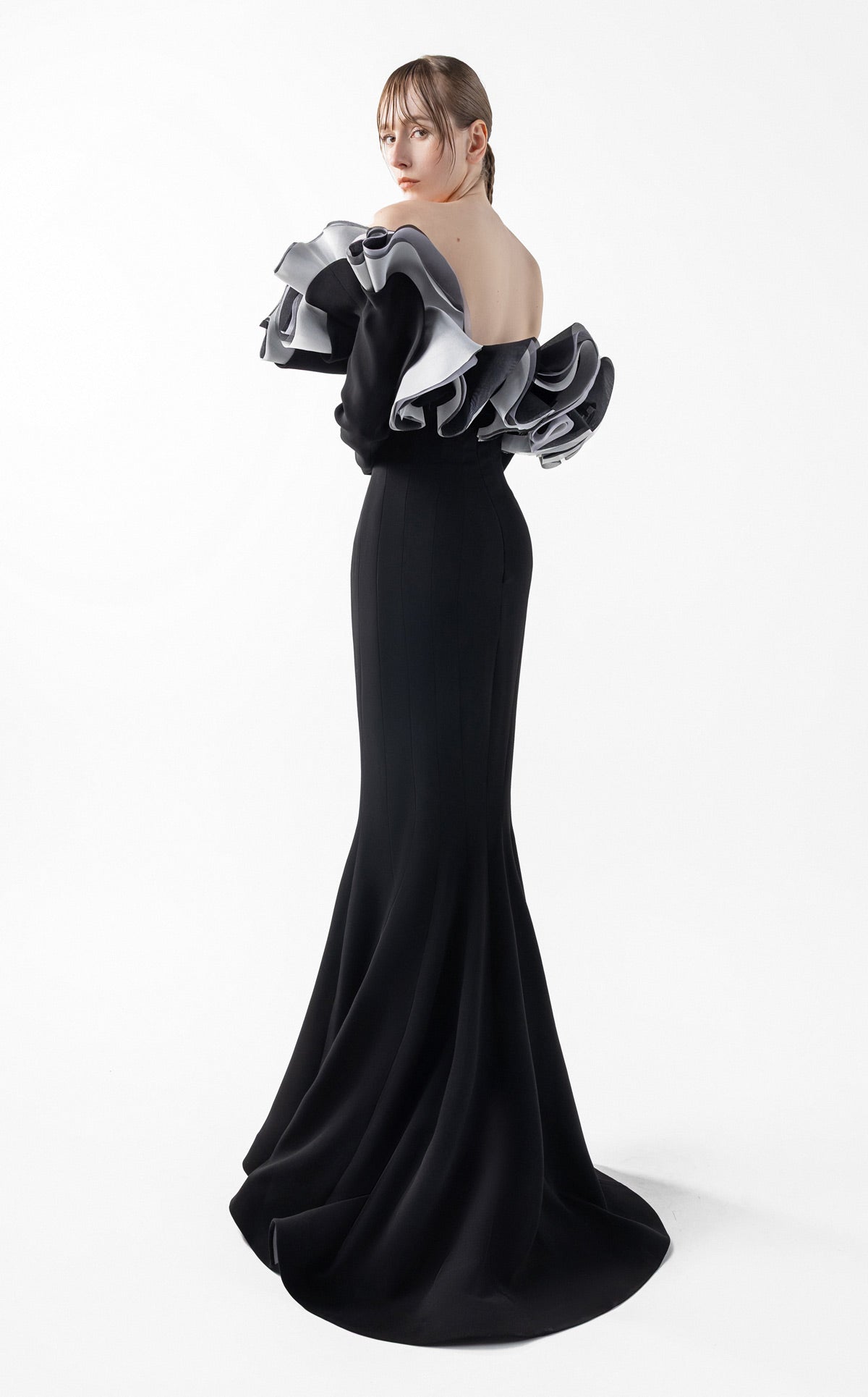 Romantic Black Gown with Sculptural Ruffles and Sleeves G2036